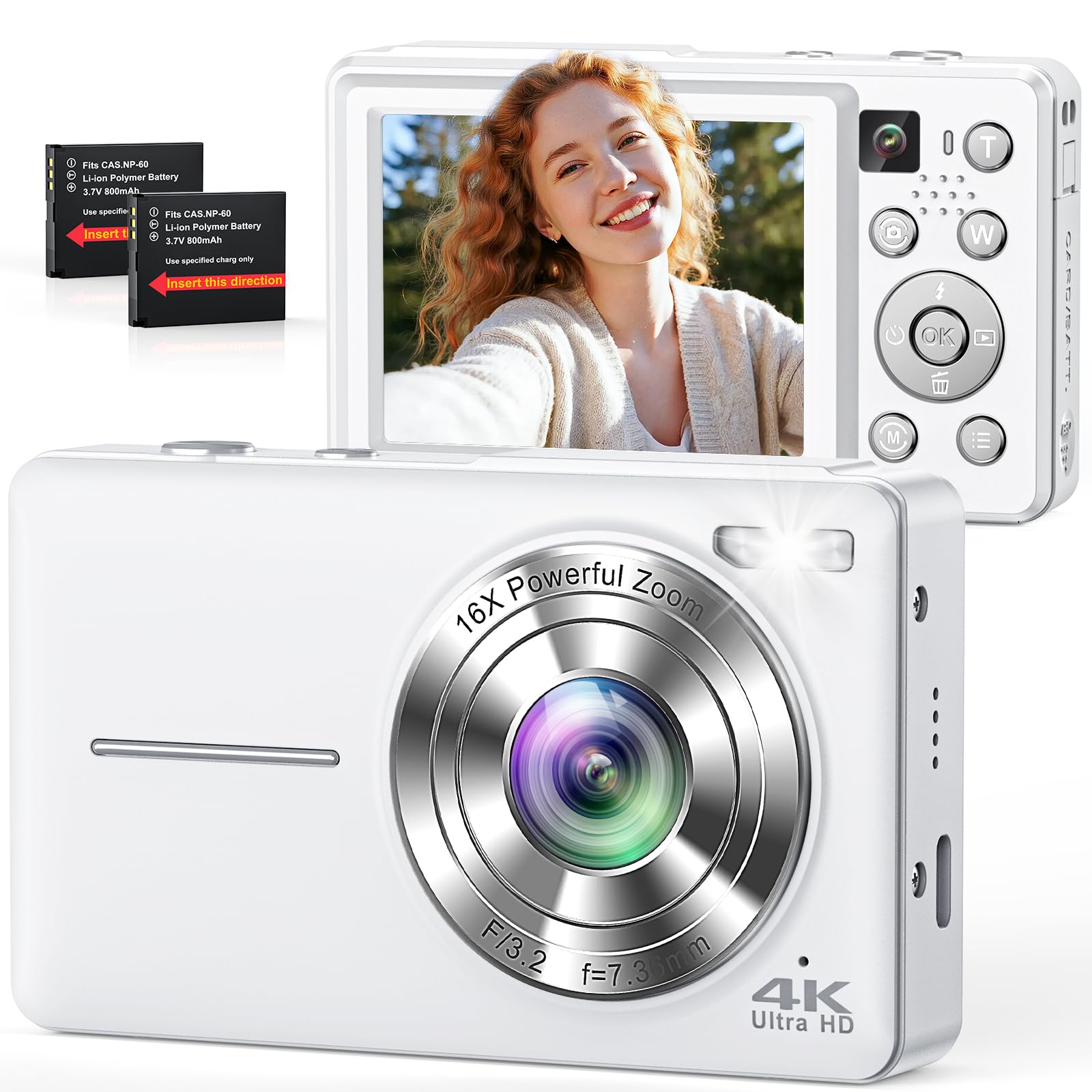 Cámara Digital 4K 64MP, Doble cámara con Enfoque automático, Flash, Zoom 16X, estabilización, Cámara de Fotos compacta para niños, Adolescentes, Adultos y Principiantes (Blanco)