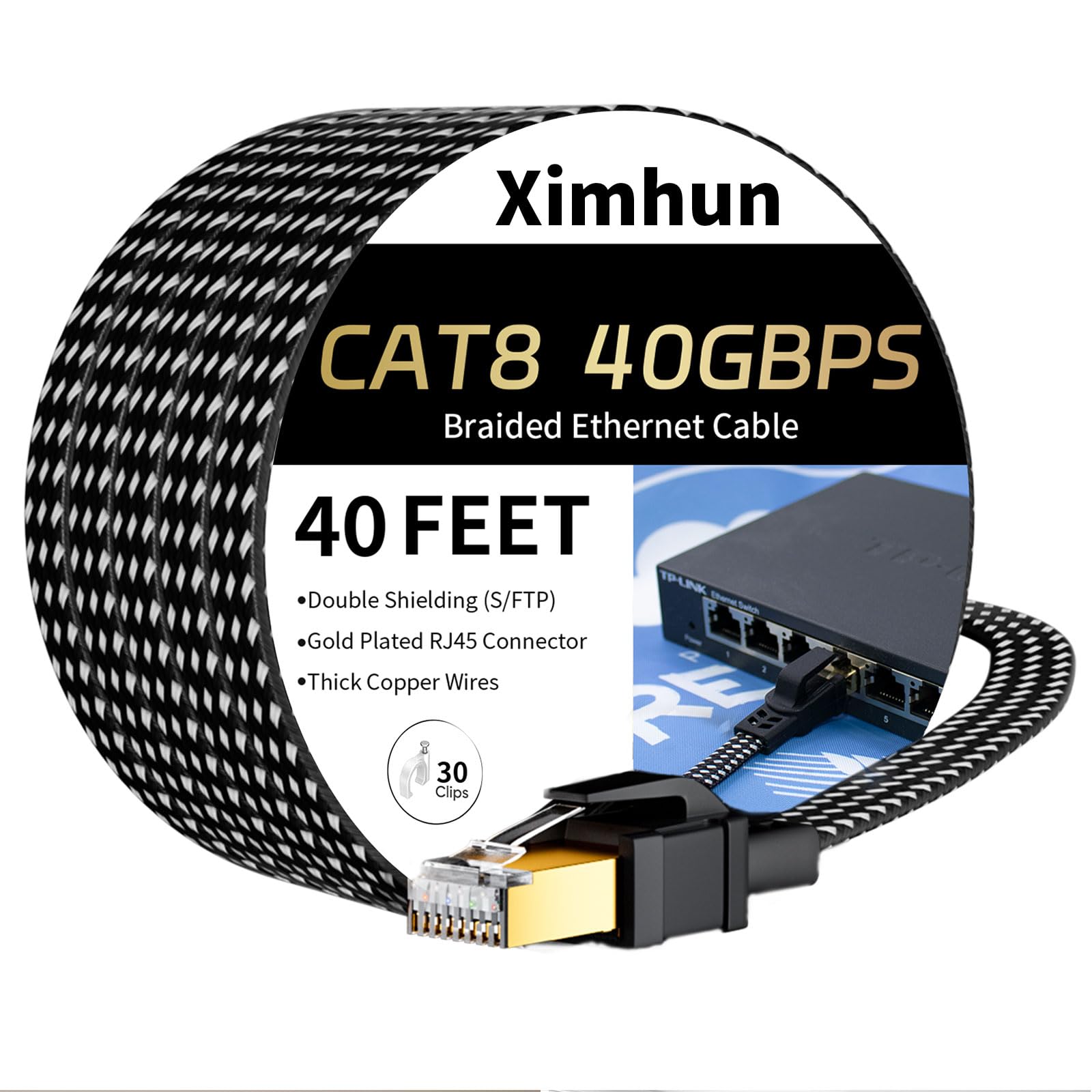 Ximhun Cat 8 Ethernet Cable 40 FT, High-Speed Braided Internet Cable Network Cord with RJ45 Connector 40Gbps 2000Mhz Heavy Duty LAN Cable Shielded