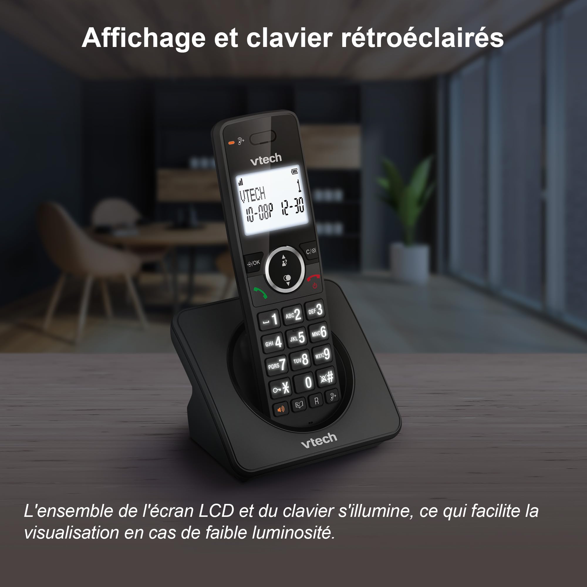 VTech ES2000 Téléphone sans Fil DECT avec Blocage d'appel, contrôle du Volume, Identification de l'appelant/Appel en Attente, 18 Heures d'autonomie, numérotation Rapide, Noir