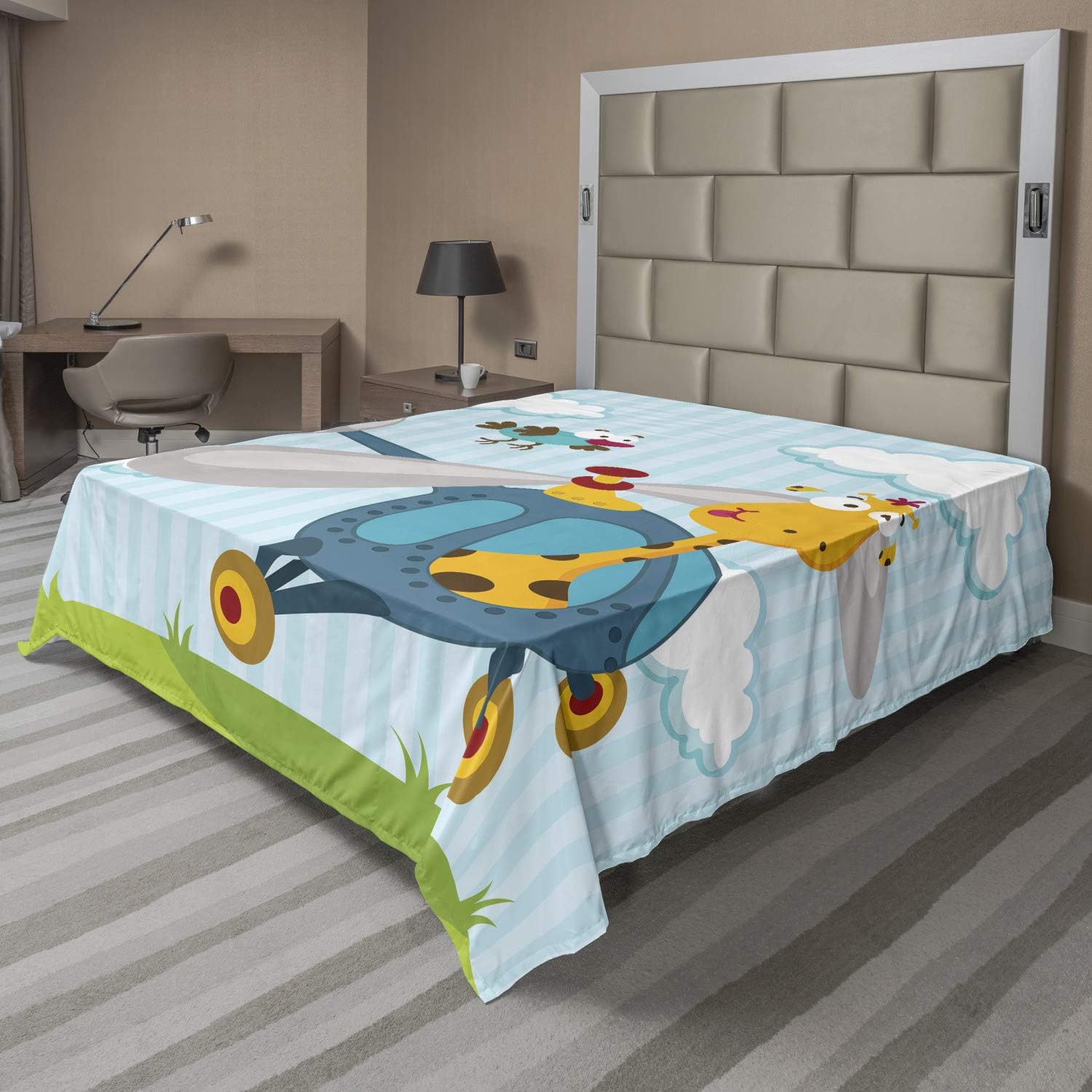 Ambesonne Cartoon Flat Sheet, Funny Giraffe and Bird on Helicopter Fluffy Clouds Grass Adventure Journey, Soft Comfortable Top Sheet Decorative Bedding 1 Piece, Full Size, Blue Yellow Green