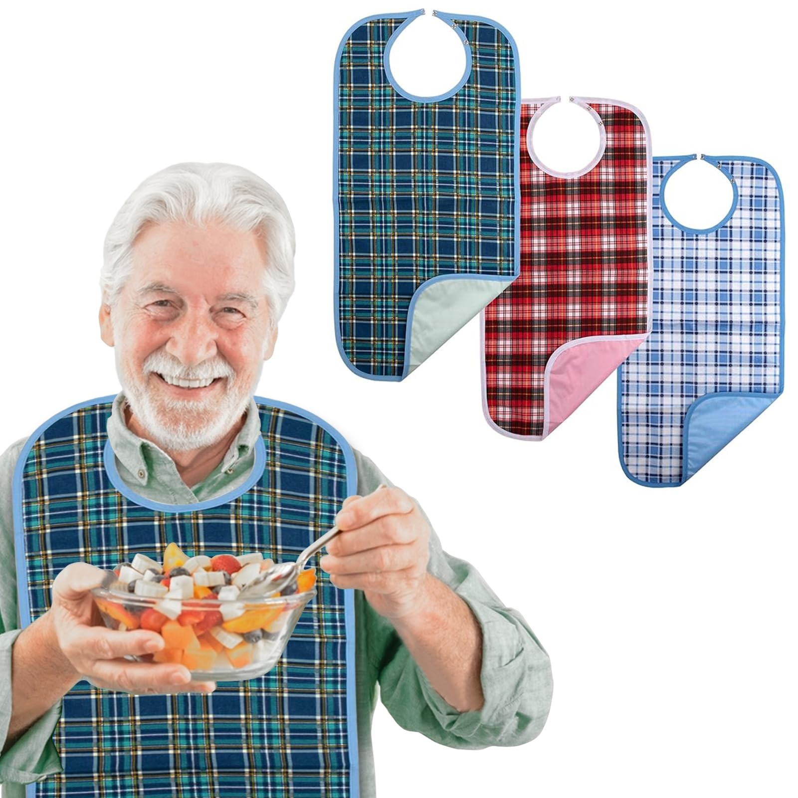 Adult Bibs, 3-Pack Washable Waterproof Clothing Protector for Men, Women, Elderly Seniors - Reusable Large Feeding Bibs