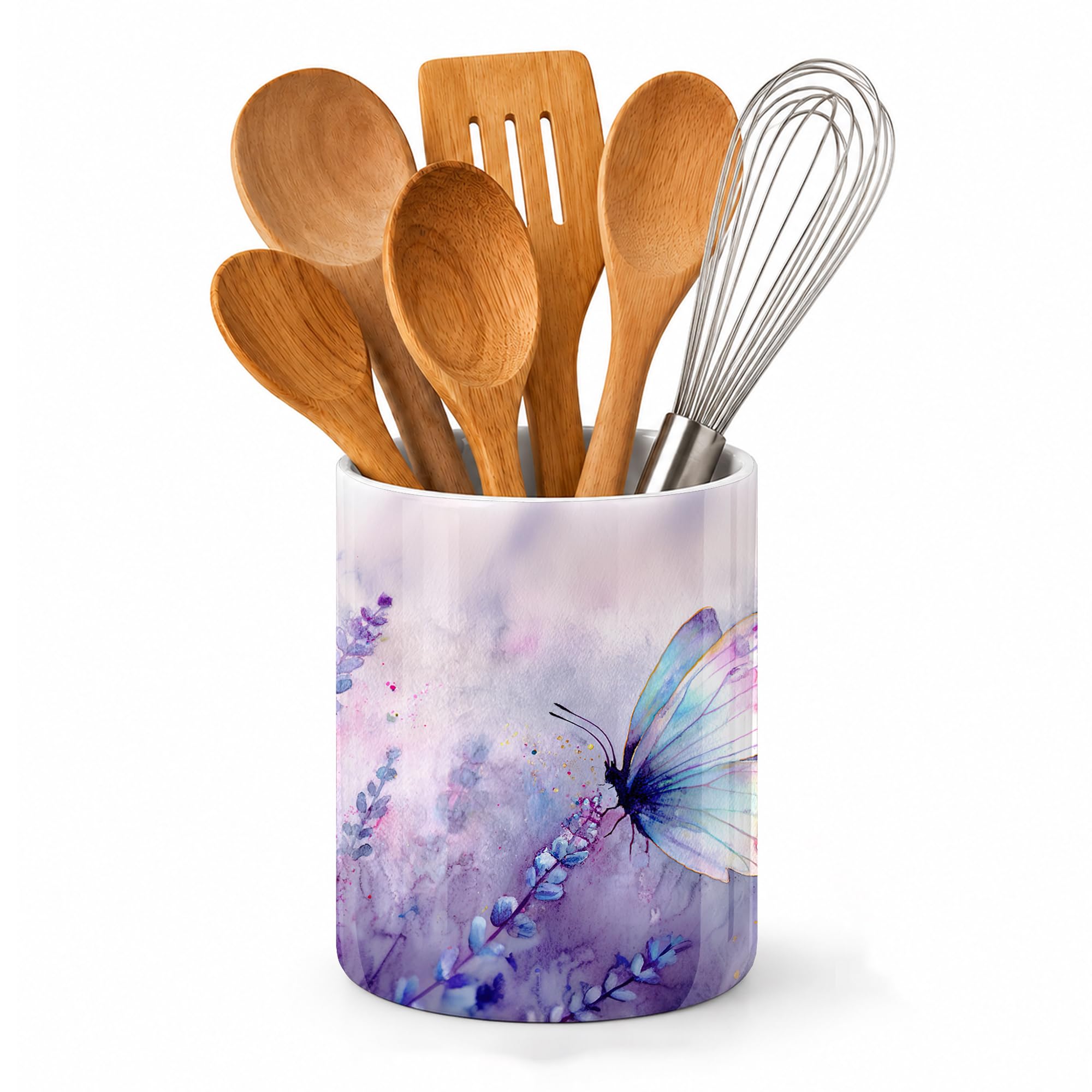 Axxitude Lavender Butterfly Lavender Utensil Holder For Countertop,Butterfly Ceramic Utensil Crock Organizer For Home Kitchen Spoons,Spatulas And Cooking Tools