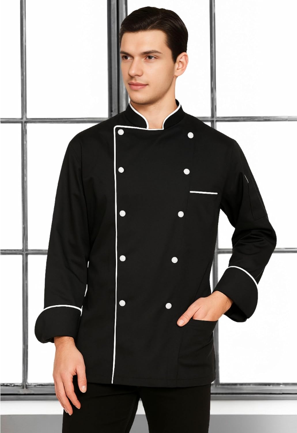 Professional Chef Jacket with Double-Breasted Design, Long Sleeve, Stand-Up Collar, Contrast Piping, Kitchen Uniform