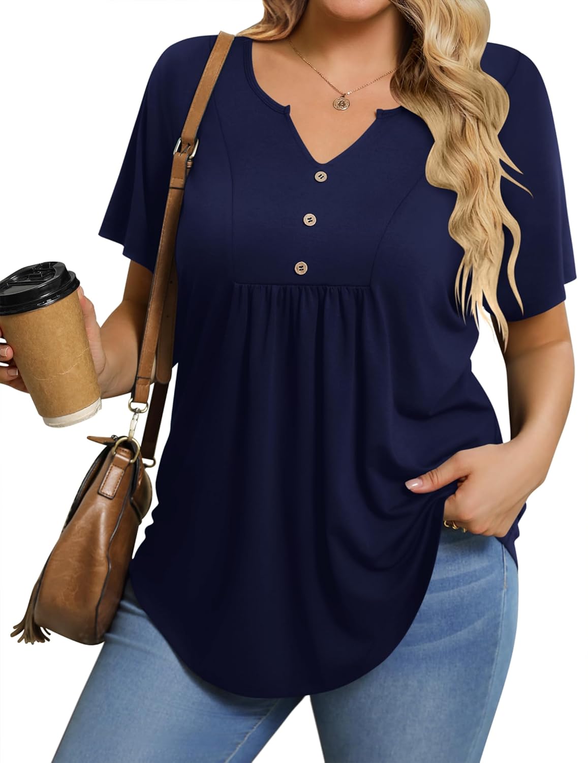 IN'VOLAND Womens Plus Size Tunic Top Summer Short Sleeve T-Shirt V-neck Button Up Dressy Blouse Casual Pleated Pullover 1X-5X