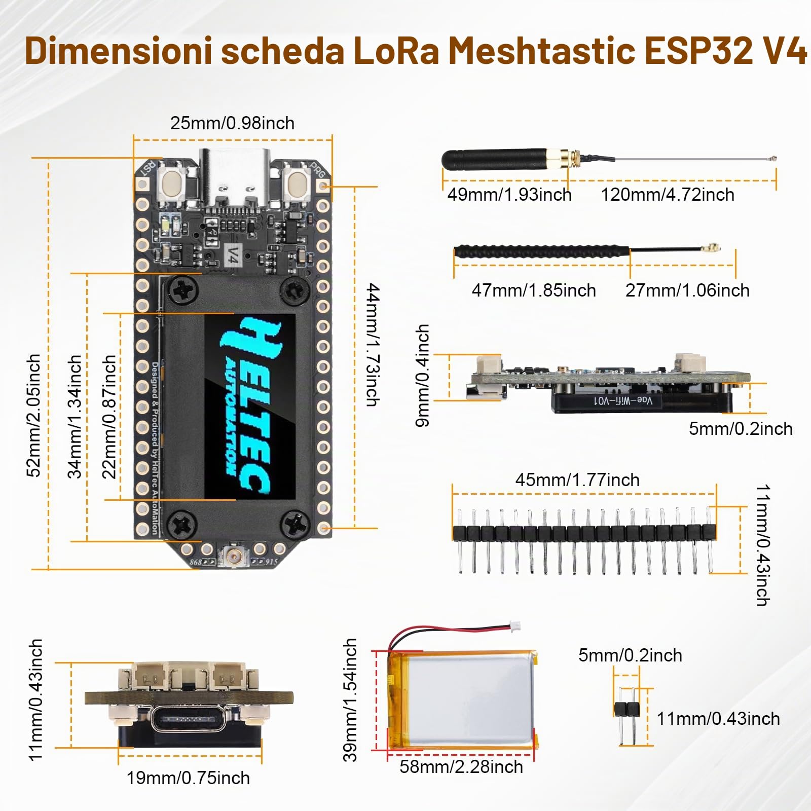 LoRa Meshtastic ESP32 V4 Scheda con antenna da 868 MHz e display OLED AYWHP LoRa ESP32 Scheda di sviluppo Wi-Fi integrato Bluetooth SX-1262 Chip compatibile con Arduino/Meshtastic