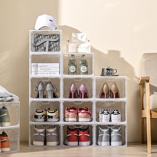 Miniatura 3 de Cajas de almacenamiento de zapatos transparentes apilables, 9 paquetes de organizadores de zapatos para armario, caja de tenis, ajuste fuerte y