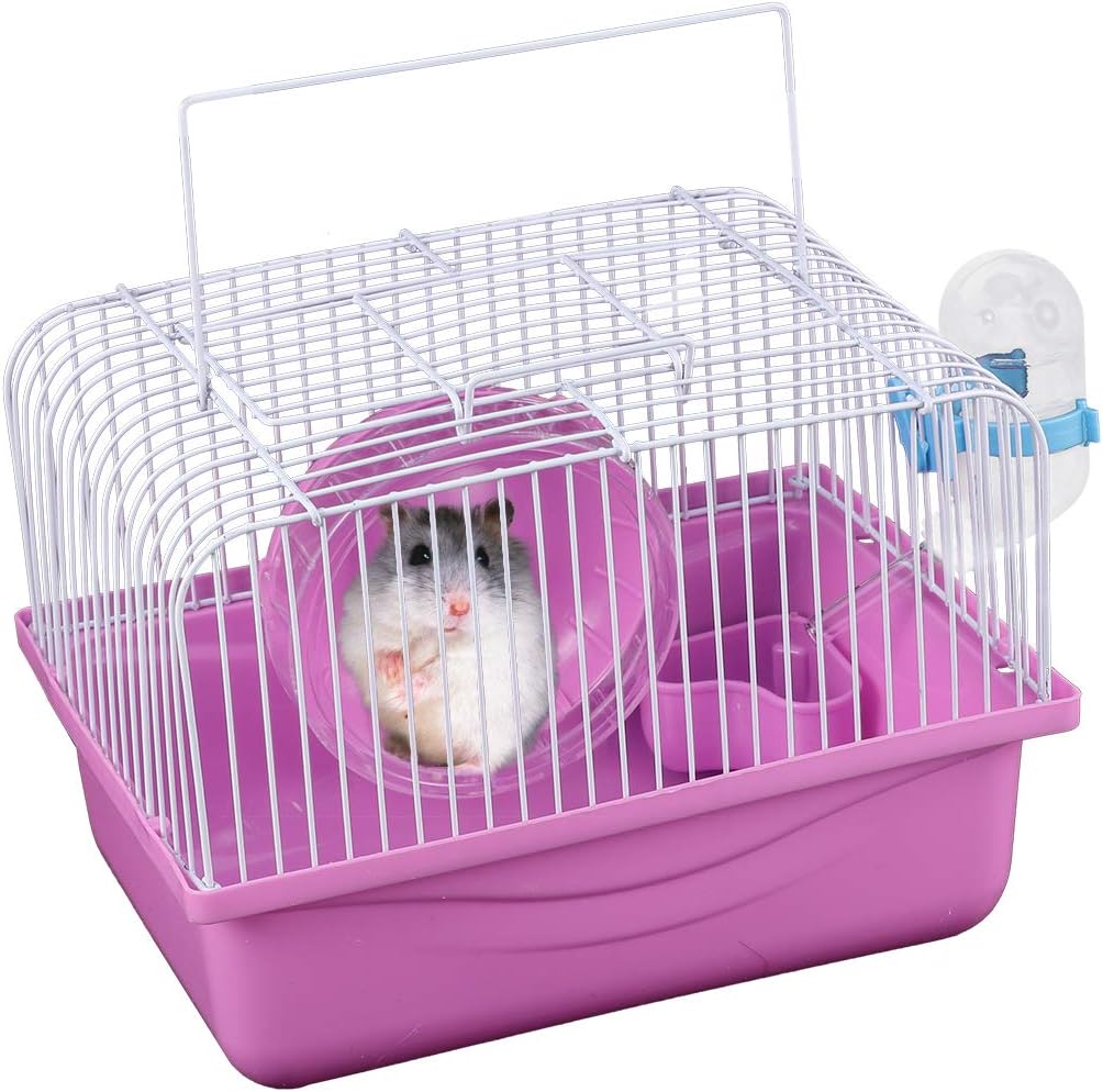 POPETPOP Hamster Carrier Cage-Portable Small Animal Cage with Exercise Wheel and Water Bottle for Gerbil,Rat,Chinchilla,Critter and Birds-Pink