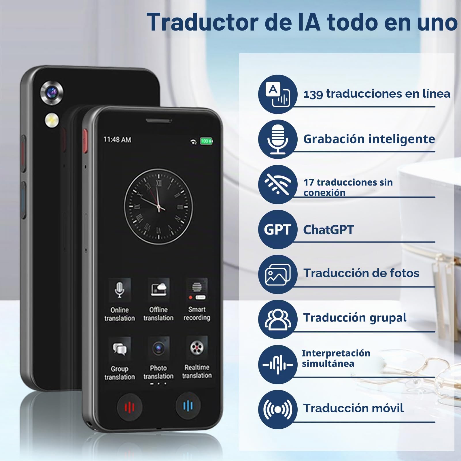Dispositivo traductor de idiomas de IA, 139 idiomas en línea y fuera de línea, 98% de precisión, traducción instantánea de fotos de texto de voz de 0,2 s, traductor instantáneo portátil de 5