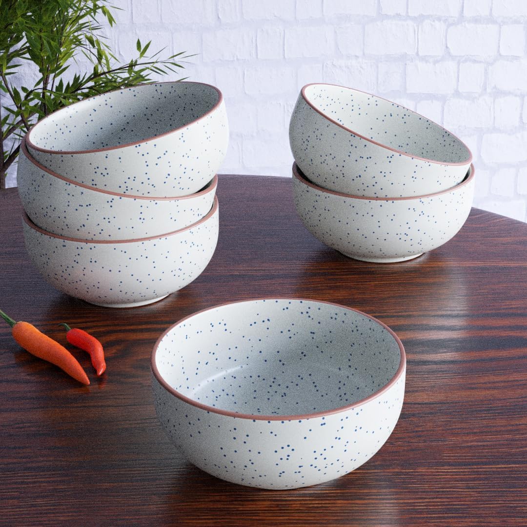 The Earth Store White Matte Brown 150ml Ceramic Bowl, Dishwasher & Microwave Safe, Serving Bowl for Snacks, Dal, Curry, Fruits, Salad & Maggi, Serving Mixing Bowl, Perfect for Gifting - Set of 6