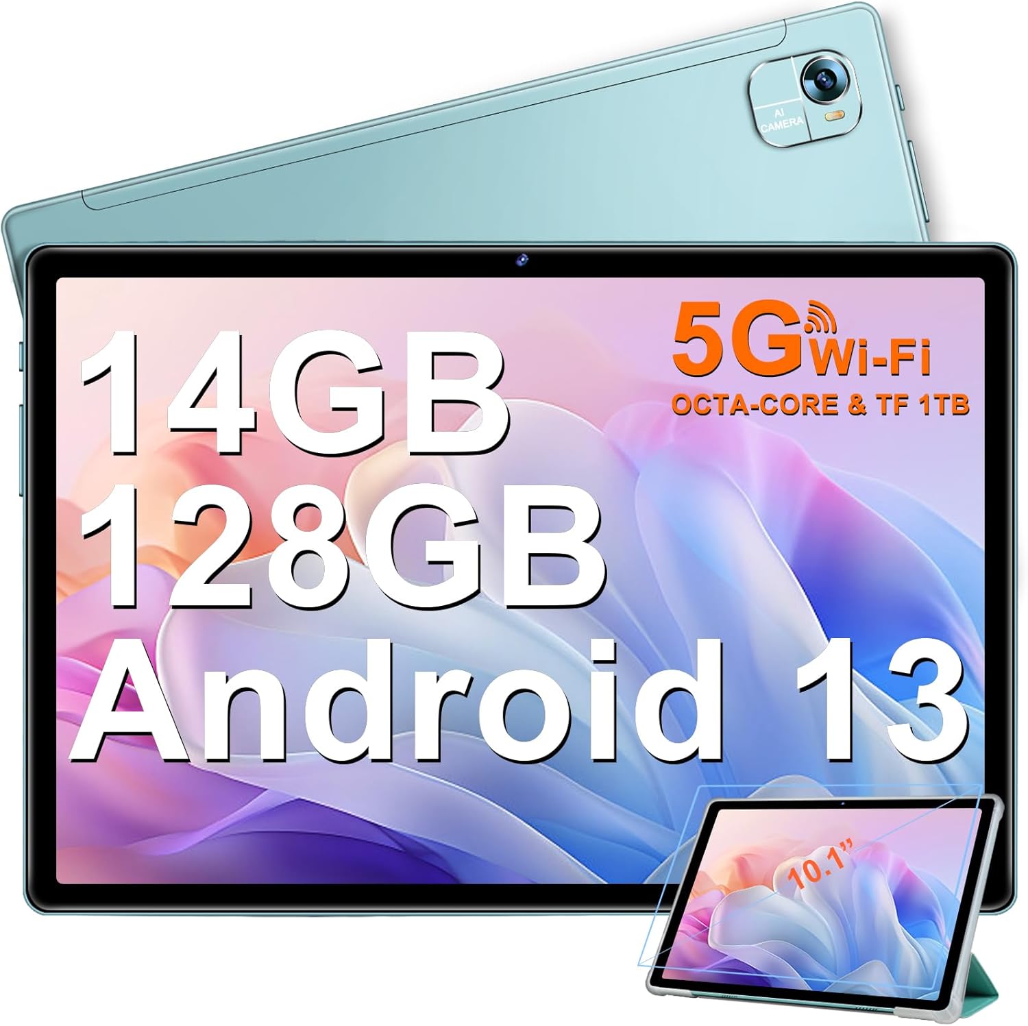 FACETEL Tablet Android 13 Tablet 10 Pollici con Octa-Core 2.0 Ghz 14 GB + 128 GB (TF 1TB), 2.4G + 5G Dual Band WiFi, 8000mAh, FHD, Doppia Camera | Bluetooth 5.0 Tablet con Tastiera e Mouse - Nero