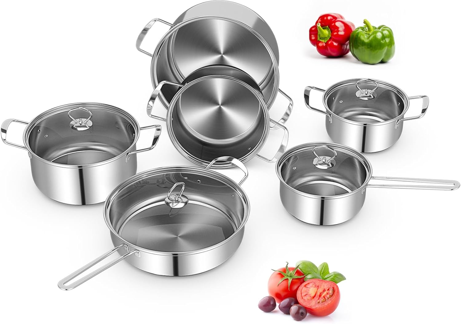 COSTWAY 12 Piece Stainless Steel Cookware Set, Pots and Pans Set with Stock Pot, Frying Pans, Saucepan, 6 Glass Lids, Induction Compatible, Kitchen Cookware Sets for Home, Silver (12 Piece) COSTWAY 12 Piece Stainless Steel Cookware Set, Pots and Pans Set with Stock Pot, Frying Pans, Saucepan, 6 Glass Lids, Induction Compatible, Kitchen Cookware Sets for Home, Silver (12 Piece)