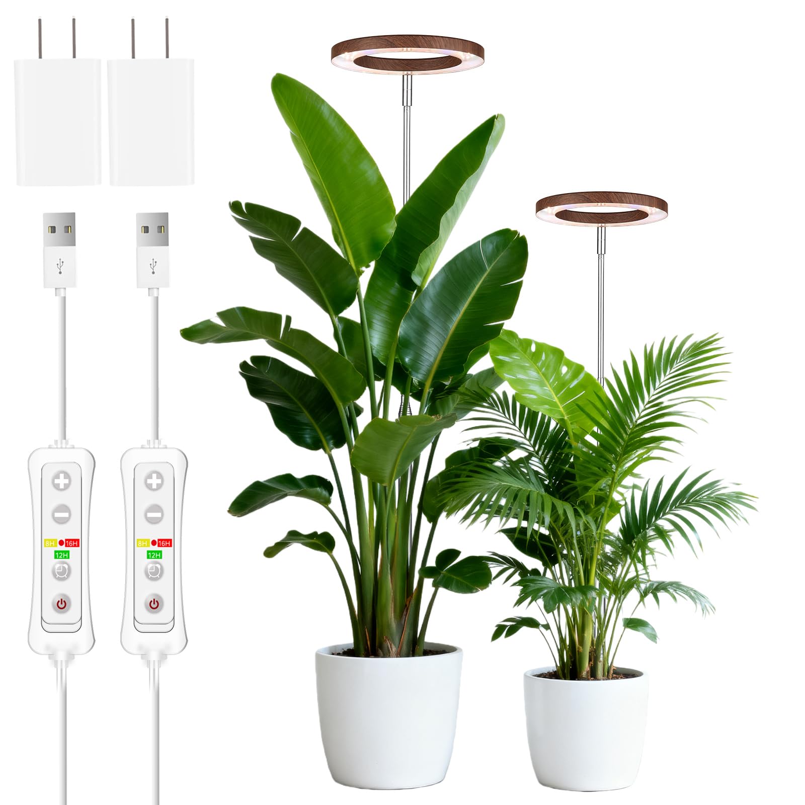 beautiebeam Pflanzenlampe, LED-Vollspektrumlampe für Zimmerpflanzen, Aluminium-Walnuss-Holzoptik, 35~155cm Wachstumslampe höhenverstellbar,8/12/16Stunden Timer, 5V Adapter,für große Pflanzen,2PCS