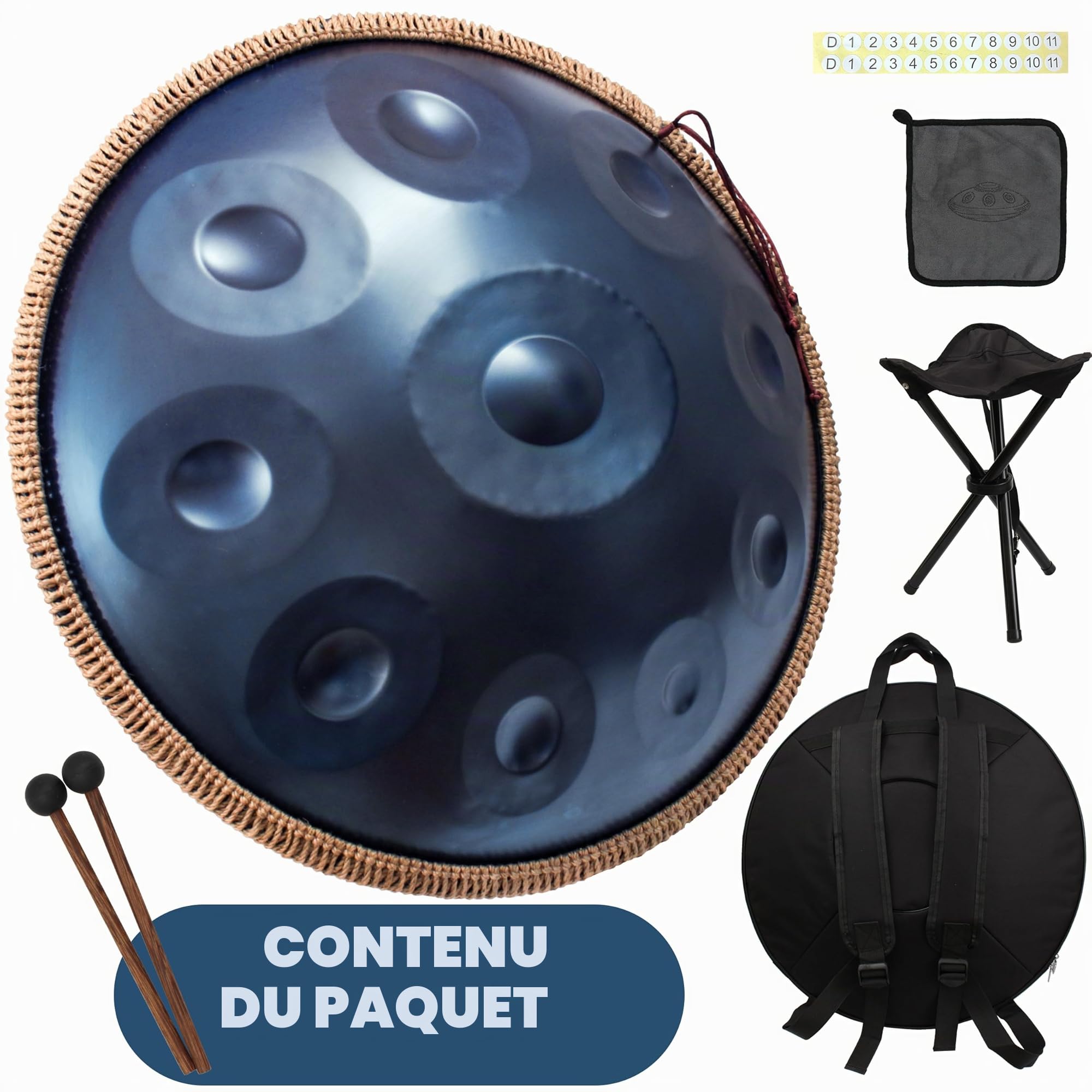 ANTETOK Handpan Drum D Minor 10 Notes 22 pouces,Hang Drum,tambour de main,avec sac de Transport et Support, Sound Performance, Instrument de Musique Professionnel（Bleu）