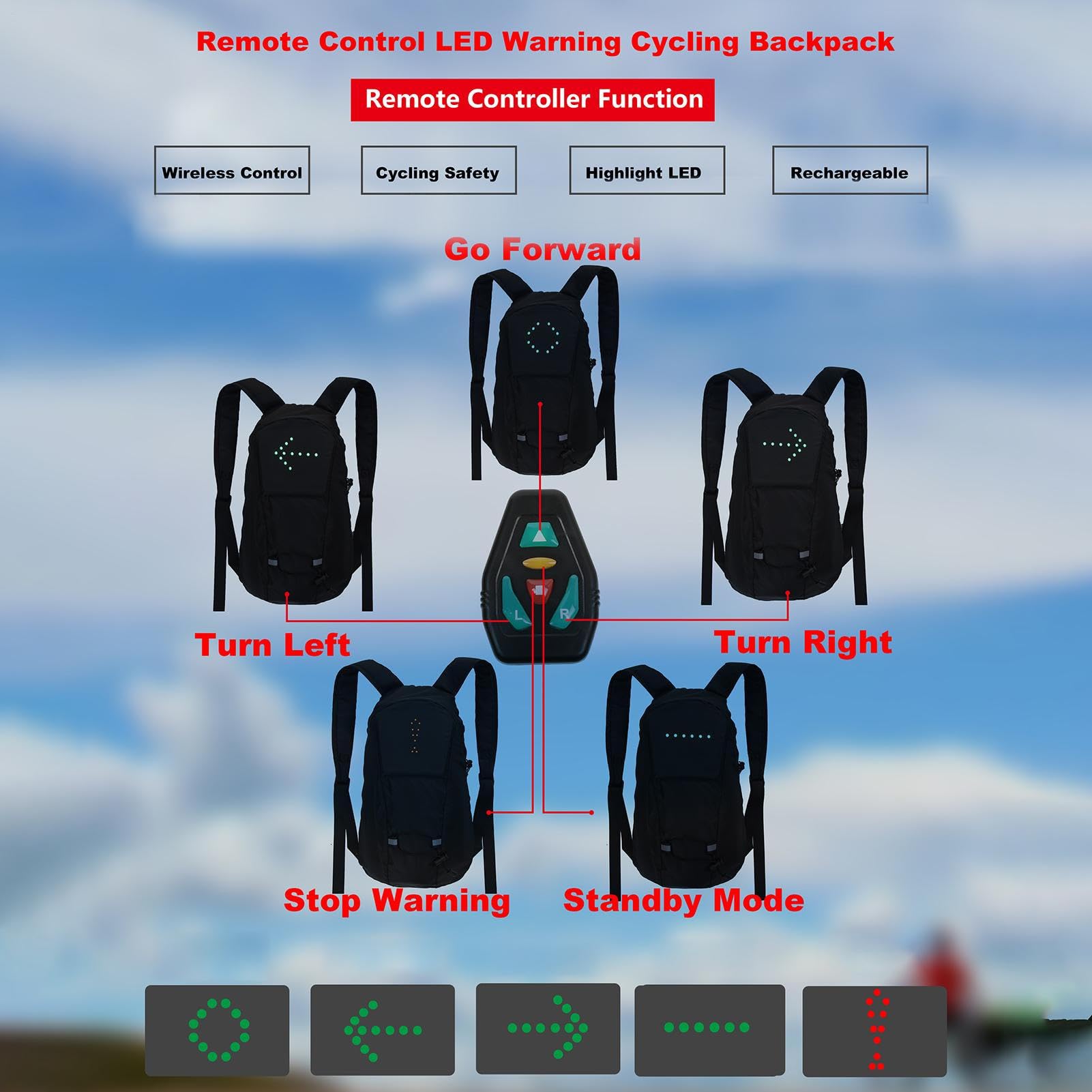Blinker-Rucksack, Fernbedienung, reflektierender Warnrucksack