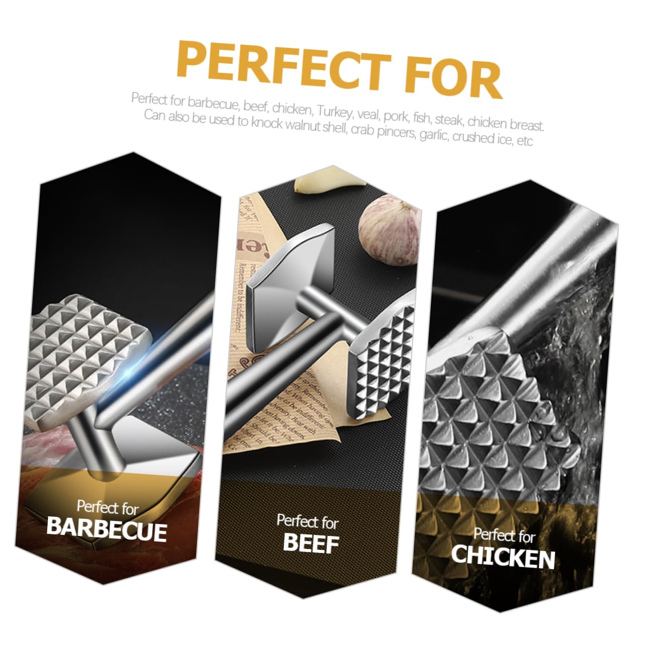 OUNONA Stainless Steel Meat Tenderizer Hammer Kitchen Tool for Pounding Pork Beef More Textured Surface for Easy Tenderizing Non Skid Handle Hanging for Convenient Storage