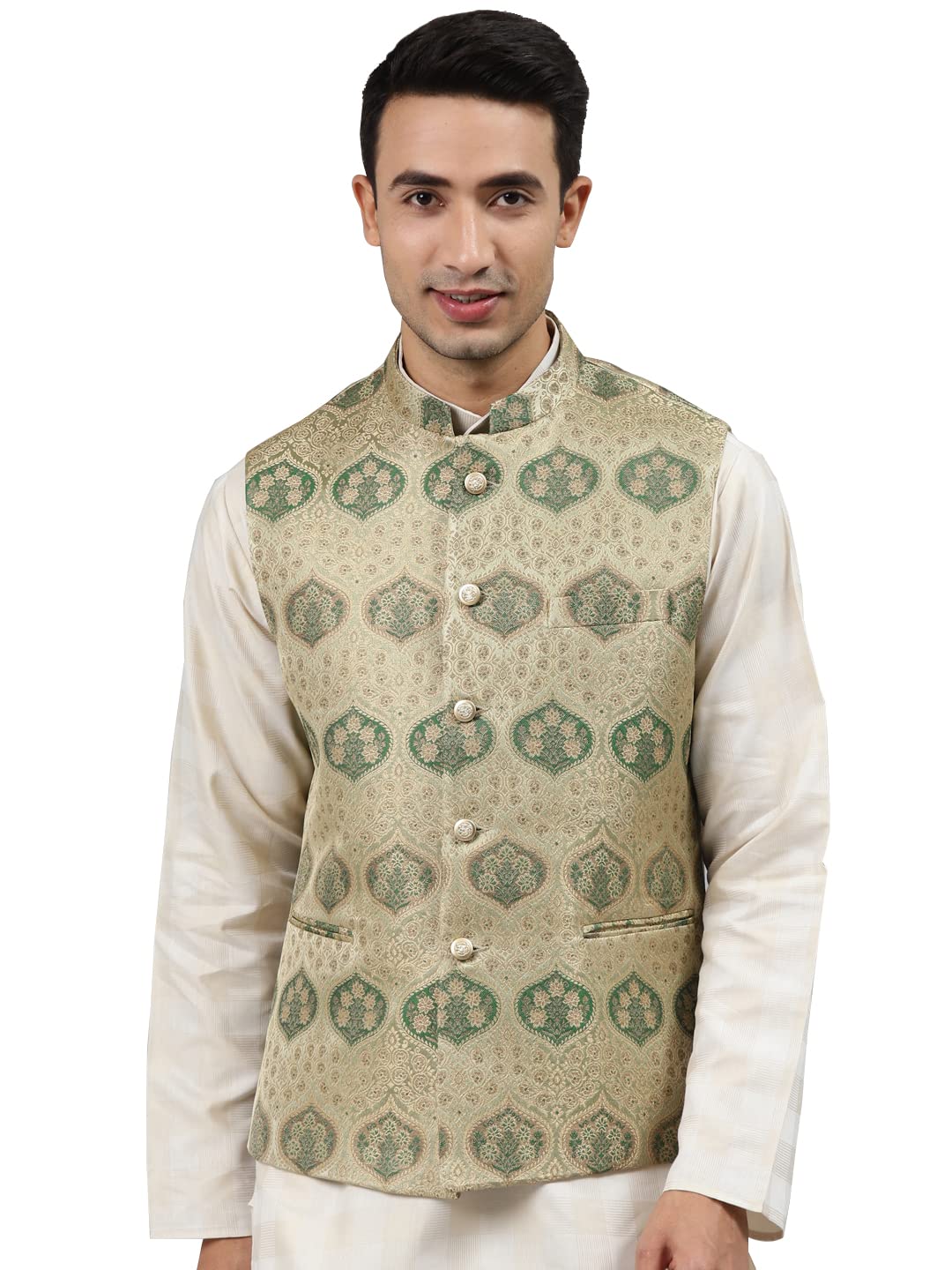 manq Men Fawn Woven Jaquard Silk Nehru Jacket-picture-27
