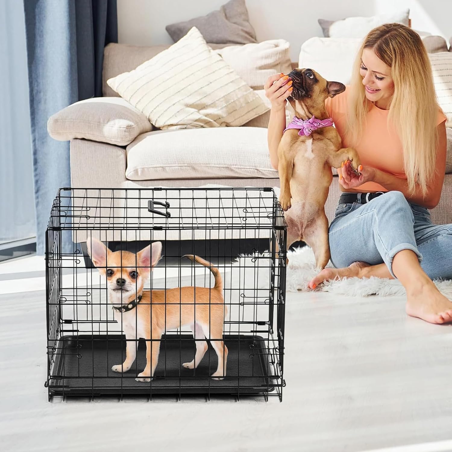 Dog Crate - 30 Inch Single Door Portable Puppy Dog Cage, Metal Wire Pet Kennel with Secure Lock, Leak-Proof Pan Tray, Foldable Design for Dogs Pets Indoor Training and Outdoor Trave