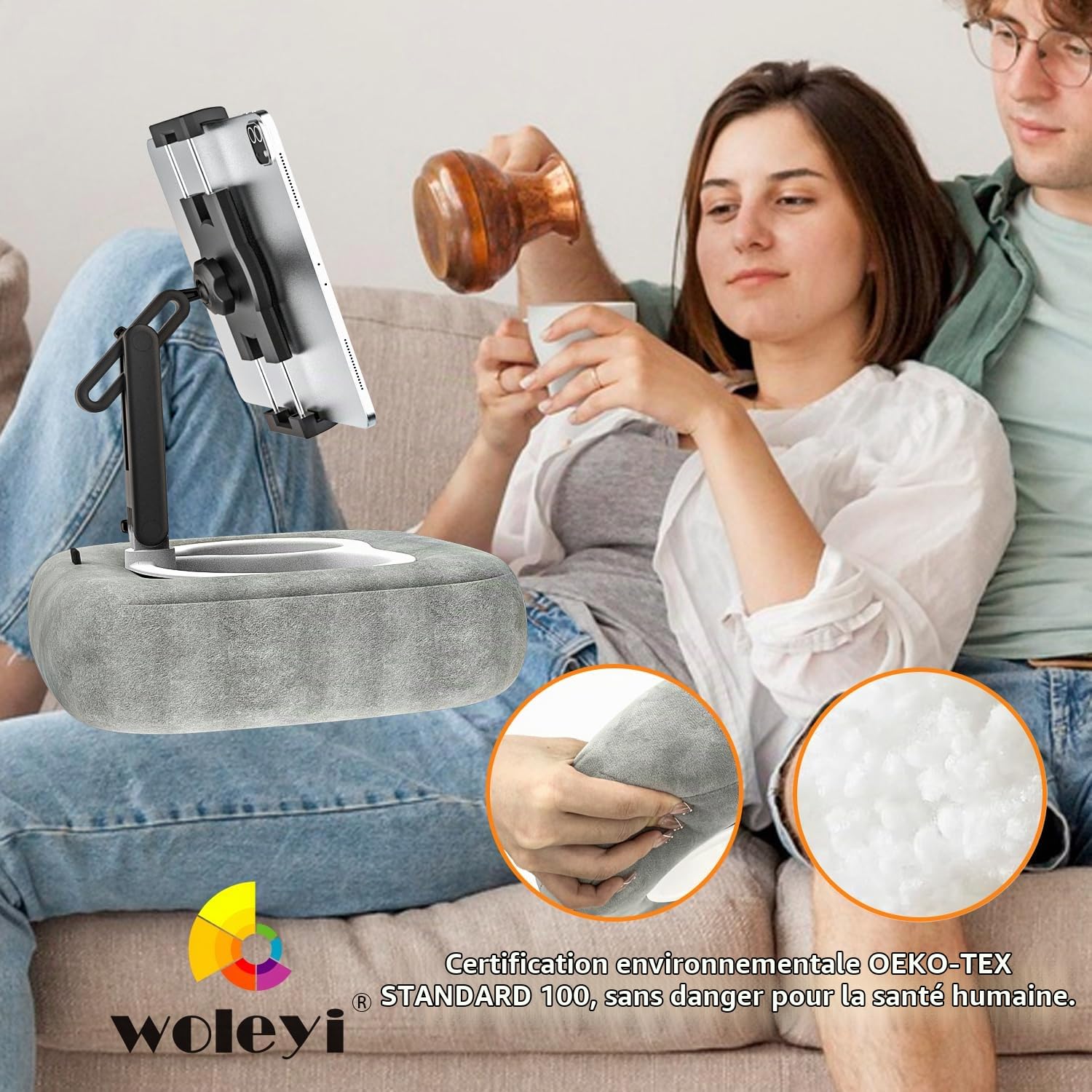 Support Tablette Coussin [Tissu Doux et Confortable] Réglable 360° Support Oreiller Tablette pour Lit, Genoux, Bureau, pour iPad, Galaxy Tab, Kindle, Fire, Tablettes et Téléphones de 4-13", Gris