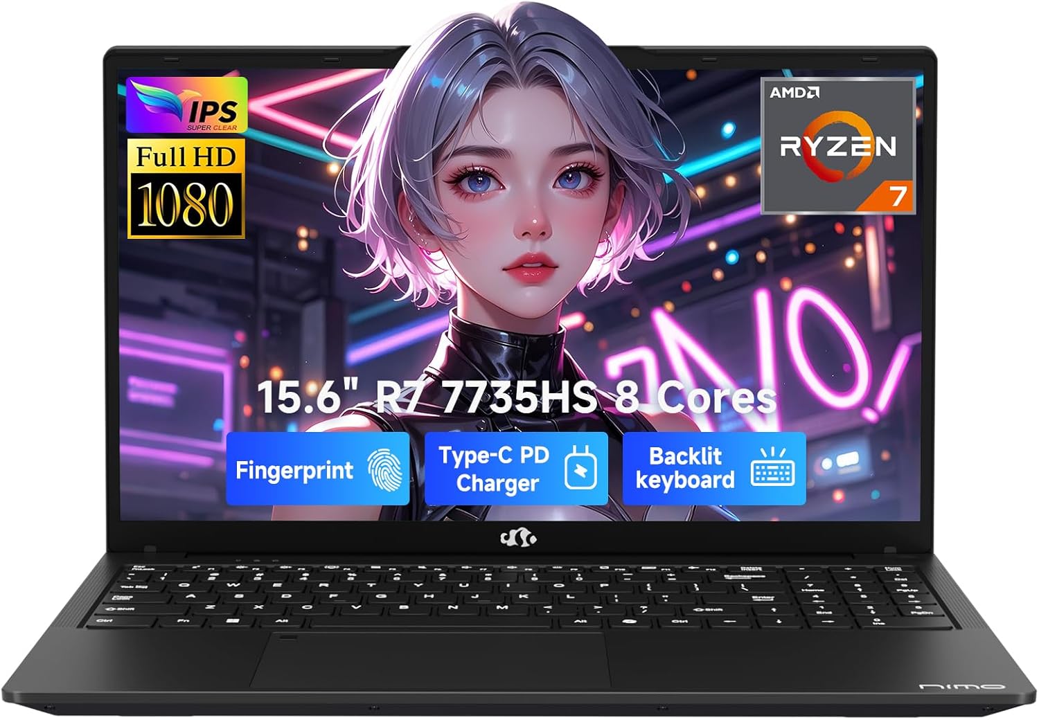 NIMO 15.6" IPS FHD Gaming-Laptop, AMD Ryzen 7 7735HS 16GB DDR5 RAM 512GB SSD (8C/16T, Up to 4.75GHz) Business-Computer with Radeon 680M Graphics 100W Type-C Backlit Keyboard Fingerprint
