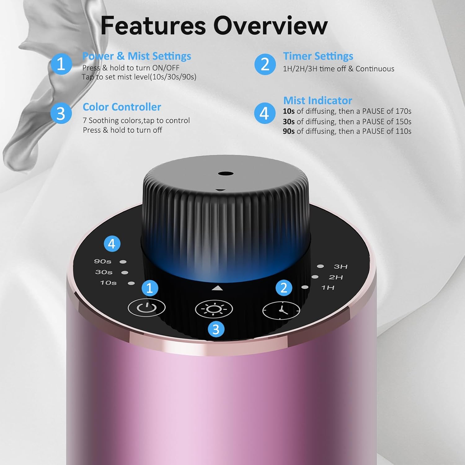 Essential Oil Diffuser Waterless Scent Aromatherapy Diffusers for Home Large Room, Bedroom, Car, Office,Desk, Battery Operated, Small Cordless Air Freshener Machine, 3 Countdown Timers & 3 Mist Levels - Image 3