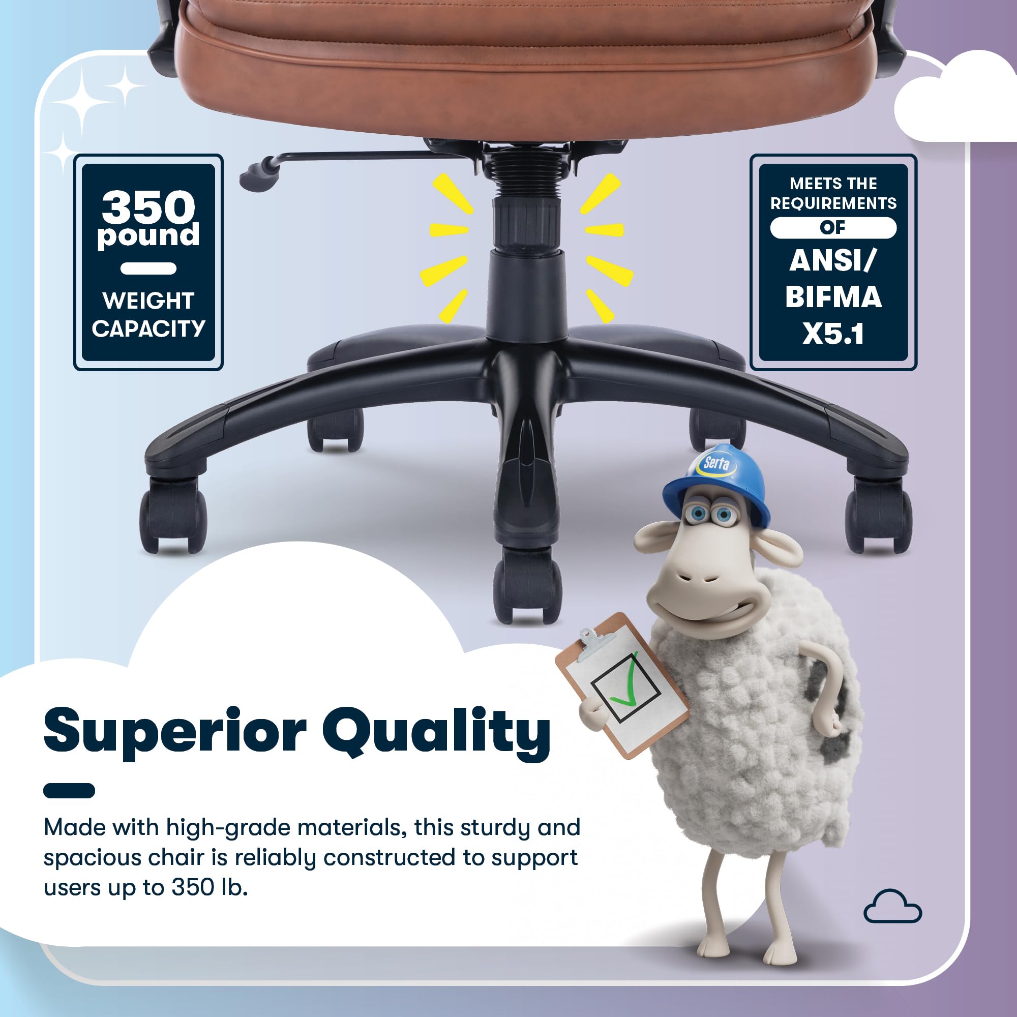Serta Fairbanks Big & Tall Executive Office Chair, Ergonomic Comfy High-Back ComputerChairs with Lumbar Support, Semi-Plush Seat Cushion, Padded Armrests, Nylon Swivel Base, Bonded Leather, Cognac