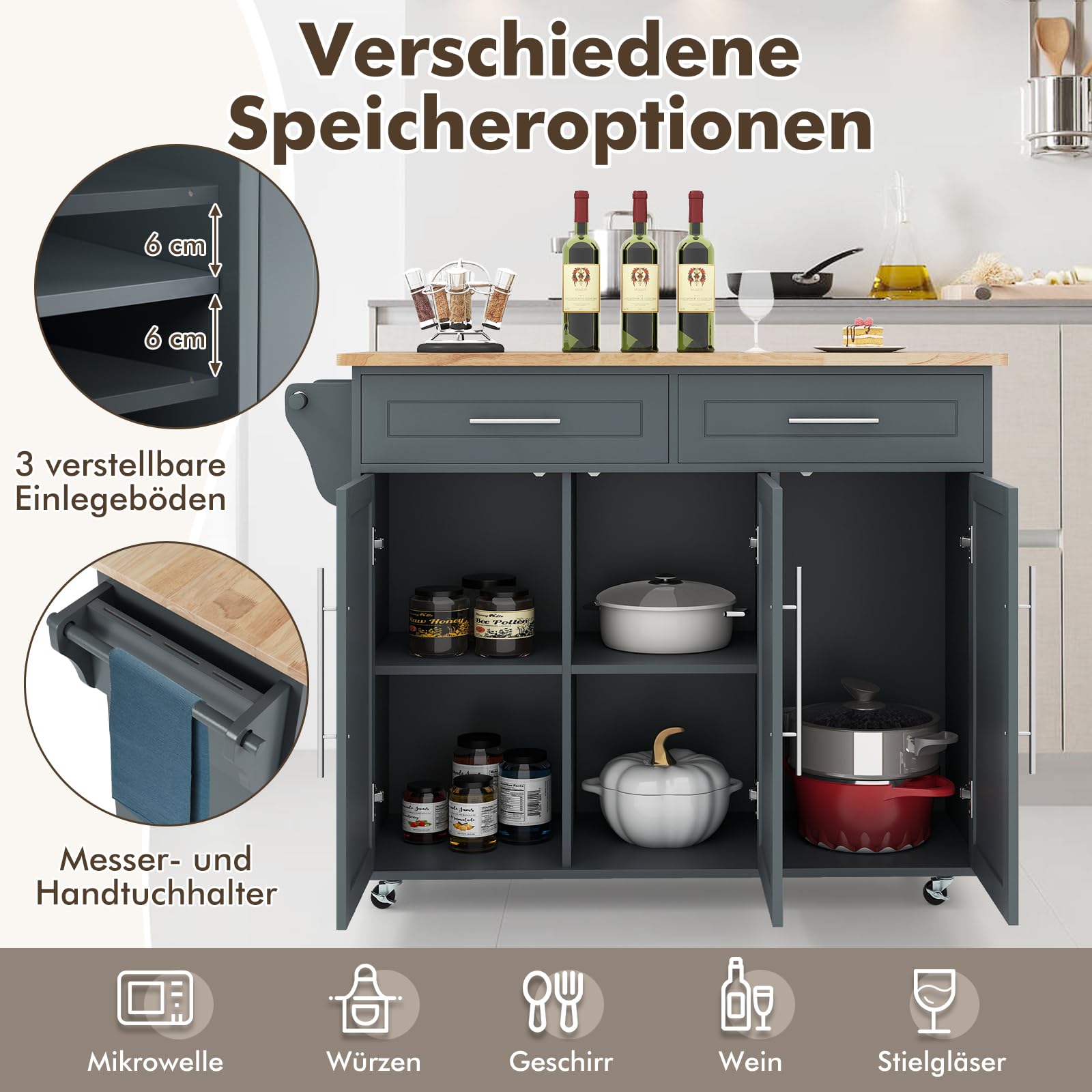 COSTWAY Küchenwagen auf Rollen, Servierwagen mit Arbeitsplatte, 2 Schubladen, Messer- & Handtuchhalter, Küchentrolley Holz, Küchenschrank für Küche, Beistellwagen Kücheninsel (Grau)