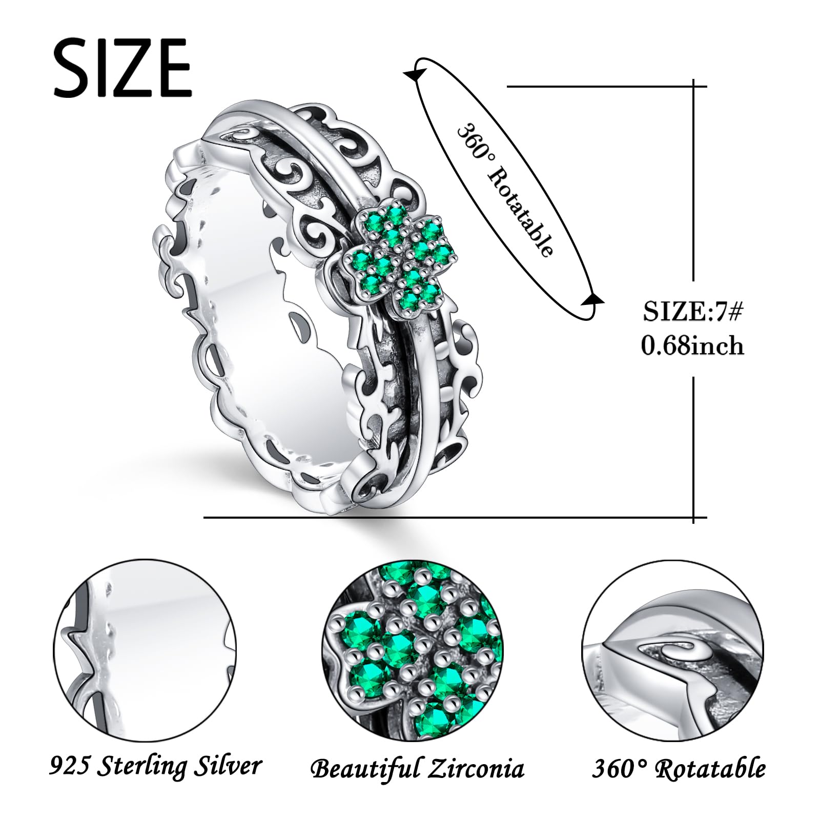 Anillos giratorios de trébol de cuatro hojas para mujer, anillos vintage para ansiedad, anillo giratorio de plata de ley, anillo grueso en relieve, trébol de cuatro hojas, regalo para mujeres y