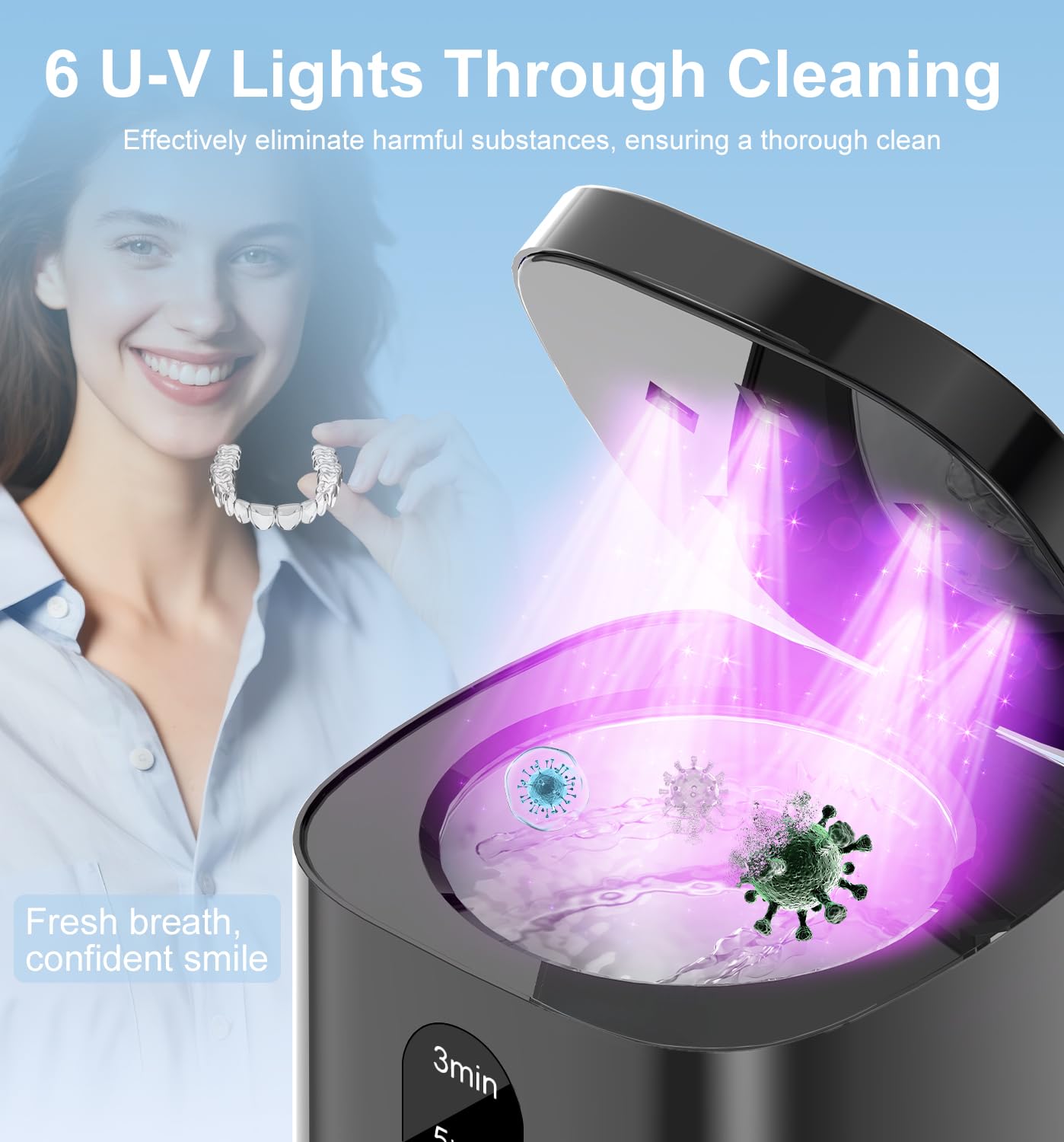 Nettoyeur à ultrasons amélioré, nettoyeur de prothèses dentaires 45 kHz avec minuterie numérique, nettoyeur à ultrasons de 200 ml pour appareils dentaires, garde-nuit, aligneur, brosse à dents, bijoux