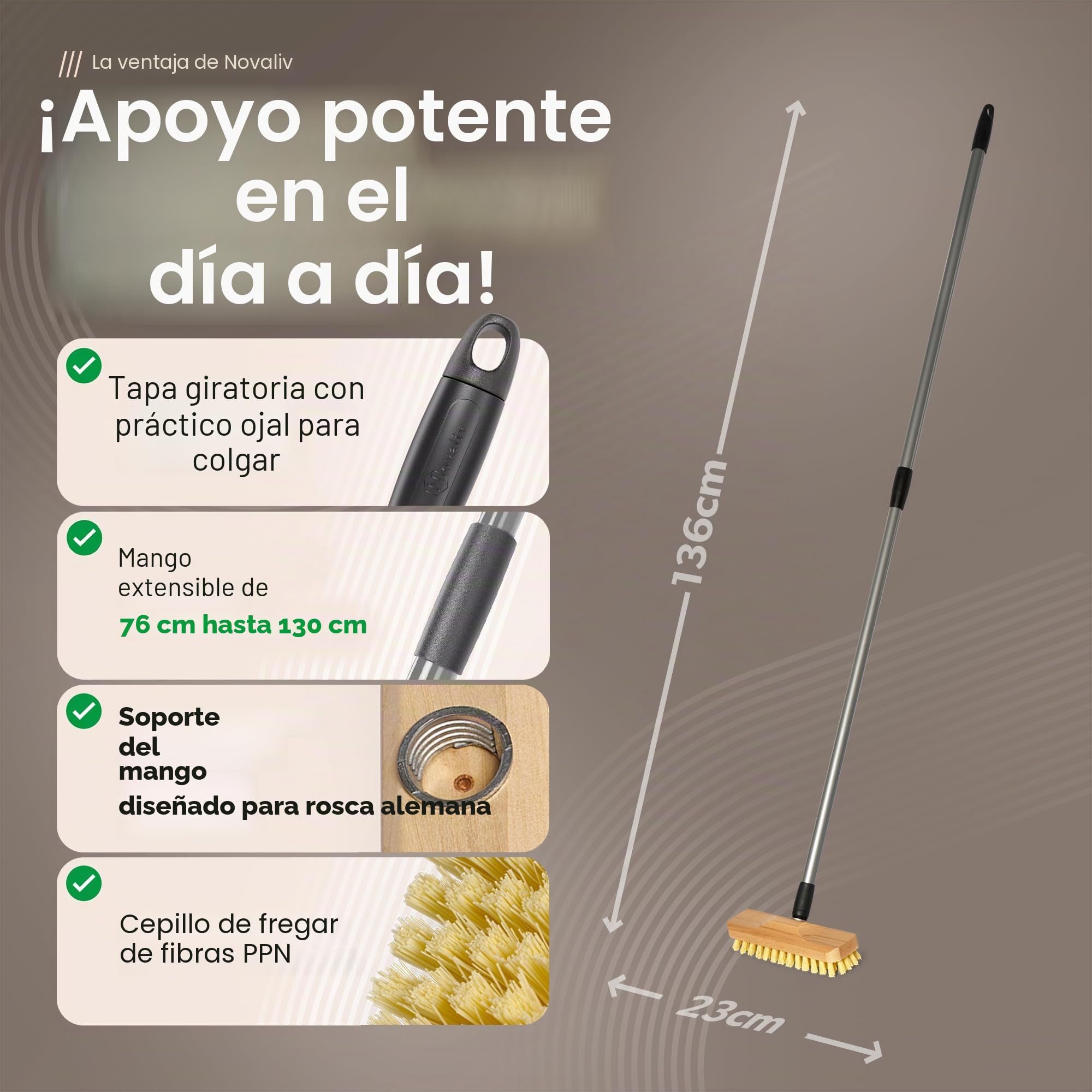 Estropajo de madera con cerdas | Limpiaparabrisas con rosca y mango telescópico | Cepillo PPN | Ideal para balcón, terraza, jardín, interior y exterior