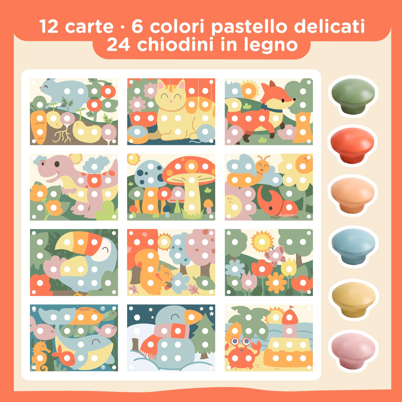 Nene Toys Gioco Chiodini in Legno Montessori 2+ - Puzzle Mosaico Bottoni Colori Pastello con 24 Chiodini & 12 Carte Modello - Gioco Educativo per Imparare i Colori, Motricità Fine - Bambini 2 3 Anni