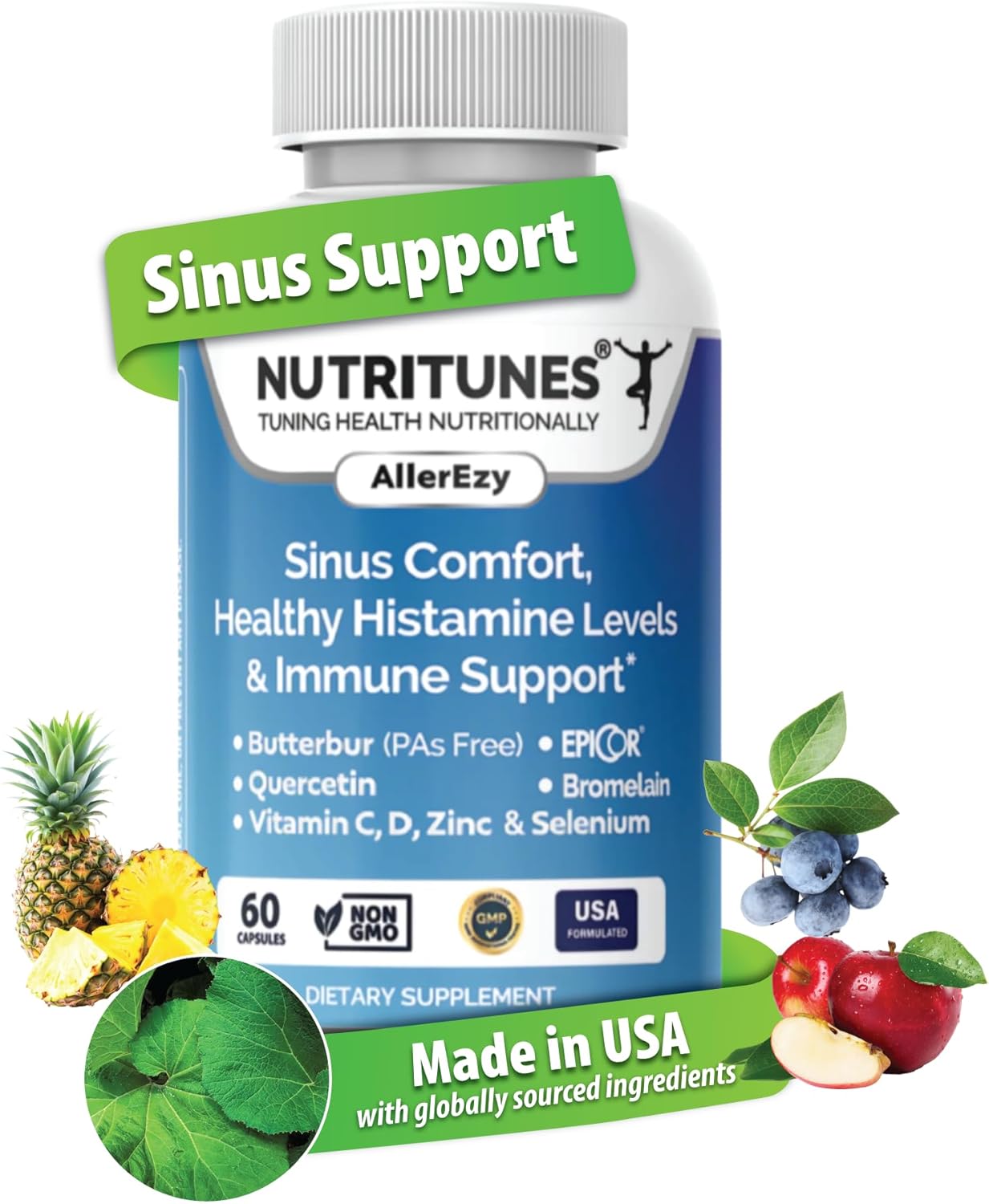 Respiratory, Sinus & Immune Support Supplement – Butterbur (PA-Free), EpiCor, Quercetin & Bromelain – 60 AllerEzy Capsules