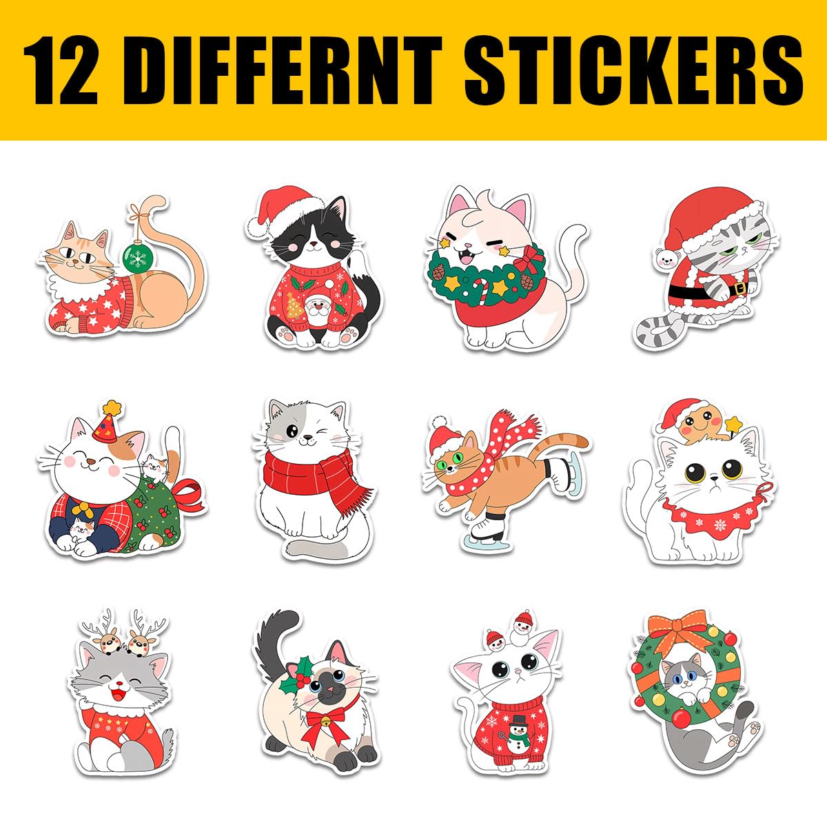 Set di 12 adesivi natalizi a forma di gatto, con cappello di Babbo Natale, maglione, sciarpa, ornamento, ghirlanda, decorazioni festive, adesivi in vinile per laptop, bottiglia d'acqua, telefono