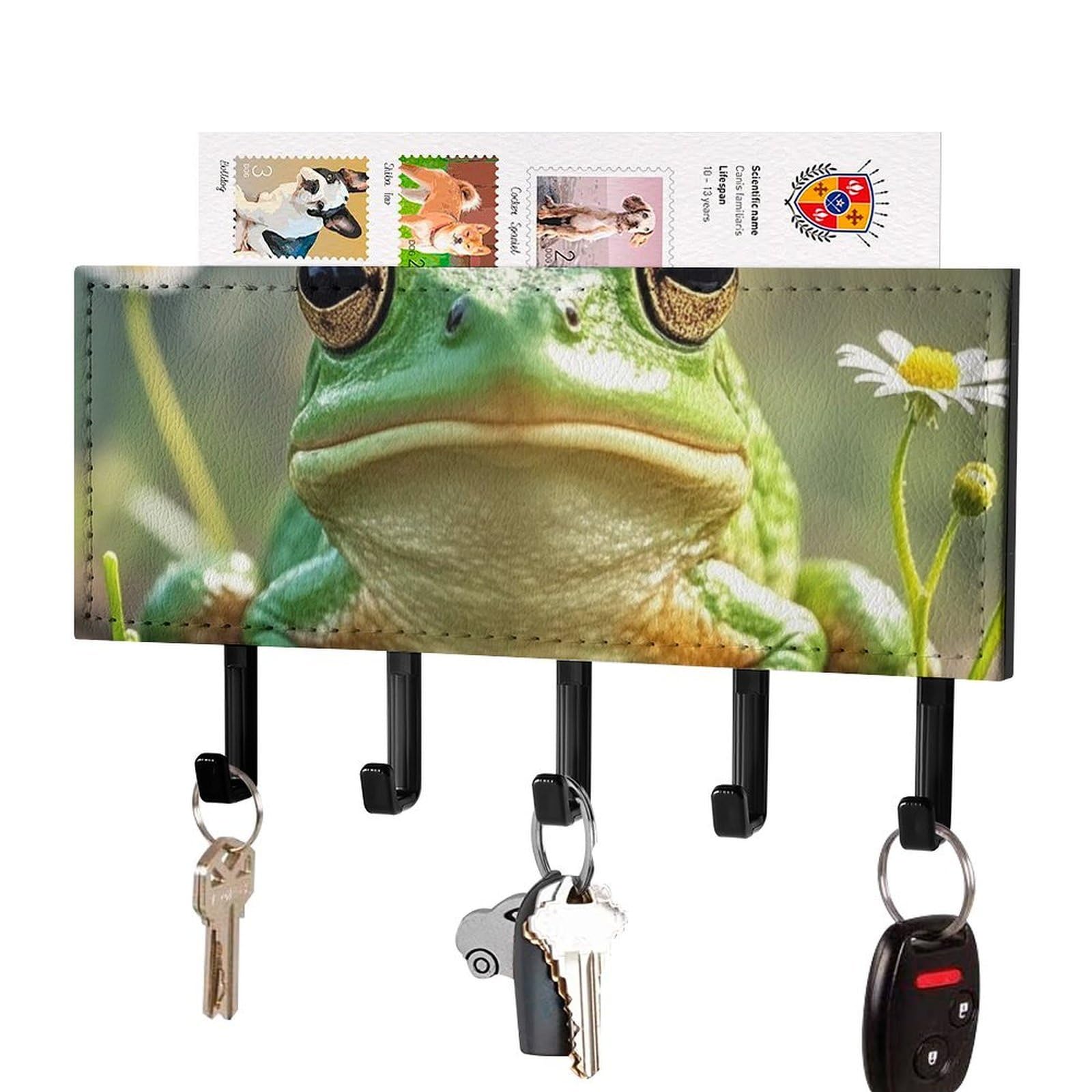 FekiLoot Cute Frog Key Holder Wall Mount Key Hanger with 5 Hooks Decorative Key Rack Hanging Key Hooks with Mail Organizer Key Holder for Wall Living Room Kitchen Bathroom Hallway Black
