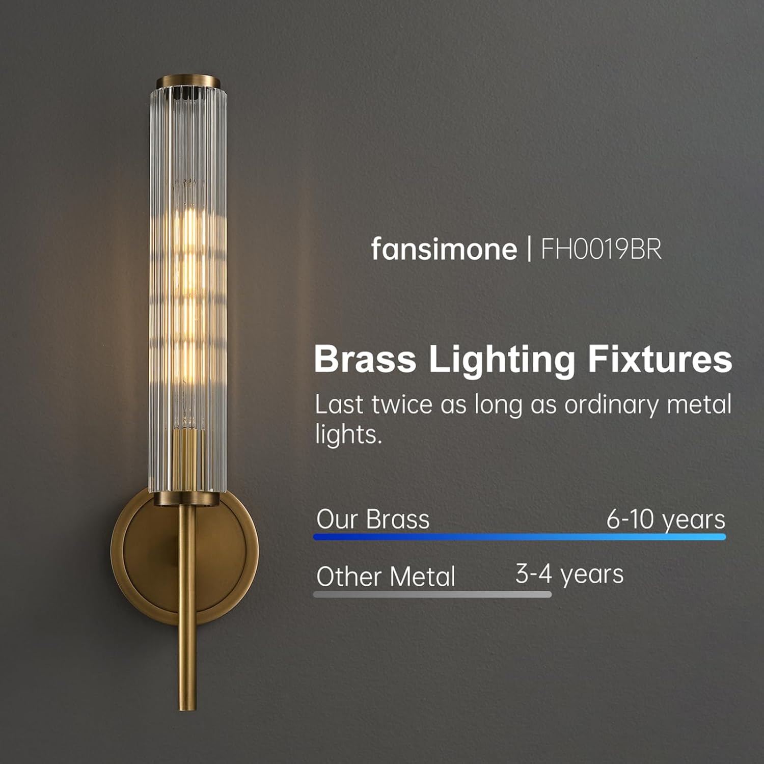18.9" Solid Brass Wall Sconce with Ribbed Groove Glass Tube - Gold Wall lamp Includes Bulbs - Modern Brushed Copper Wall Sconces for Bathroom, Living Room, Hallway, Staircase, Mirror