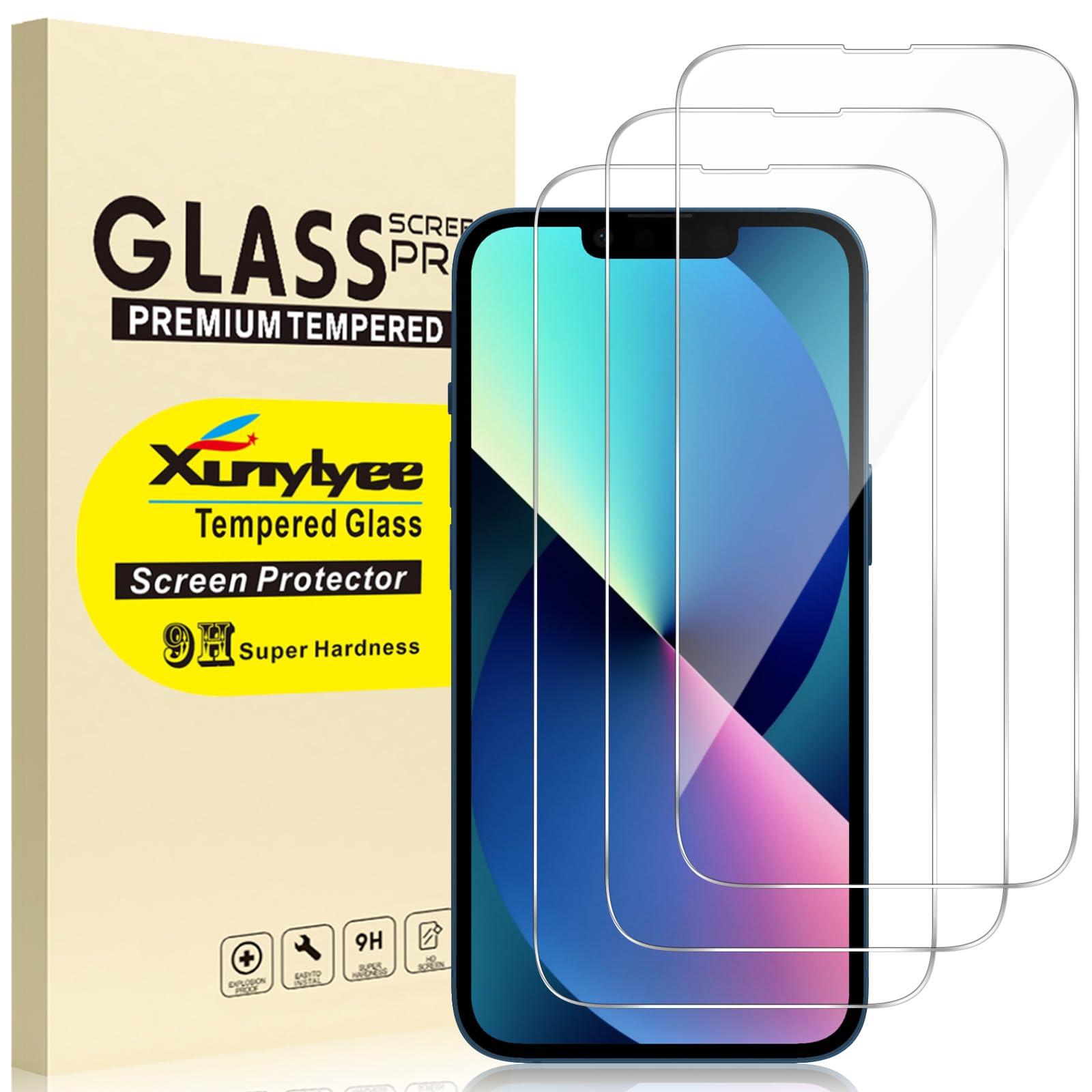 3-Pack, XunyLyee Screen Protector for iPhone 13/13 Pro/iPhone 14/ iPhone 16e 2025 6.1 Inch Tempered Glass Film Bubble Free