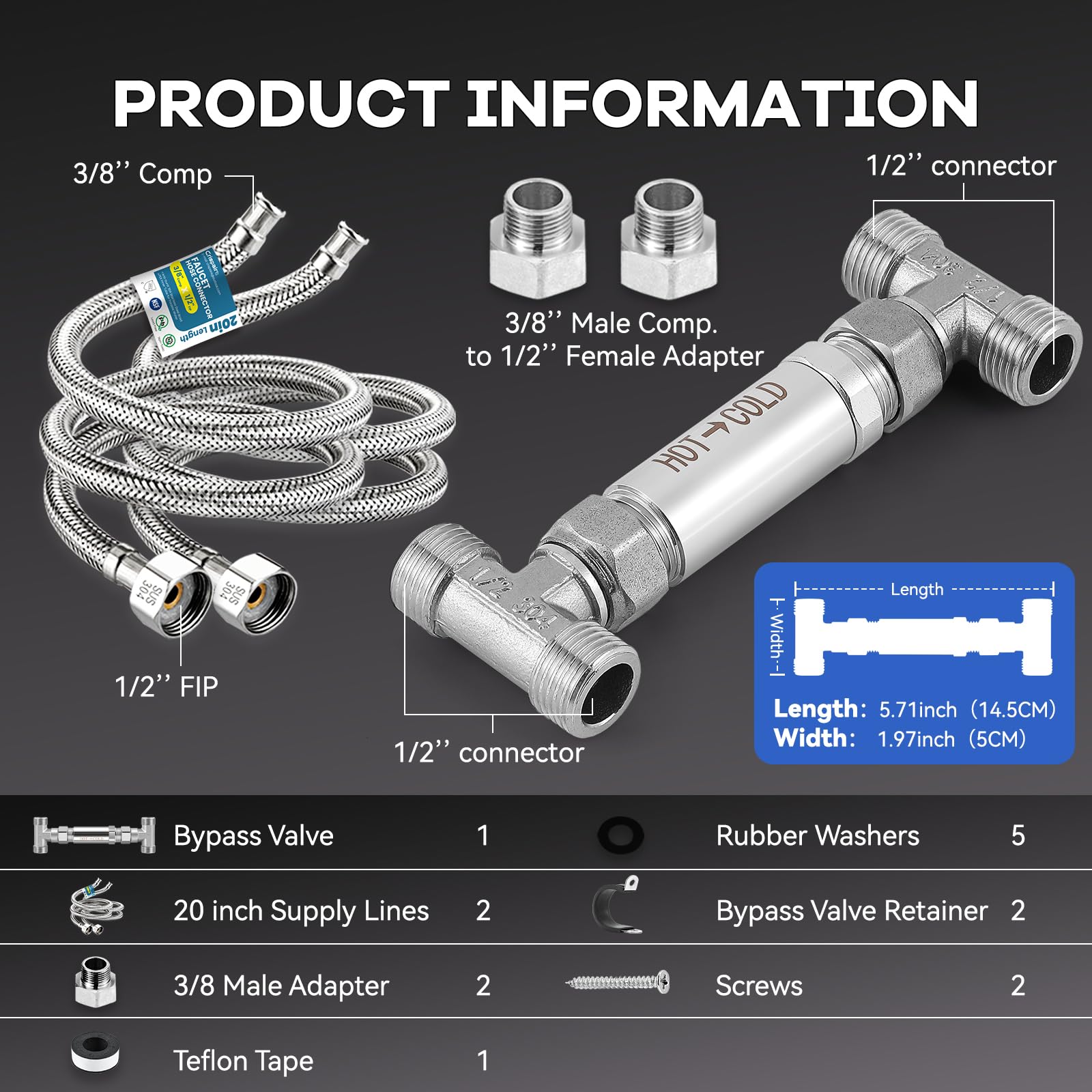 Kit de válvula de sensor de acero inoxidable 304 de repuesto para sistema de bomba de recirculación instantánea de agua caliente, incluye válvula y líneas de suministro PEX de 20 pulgadas