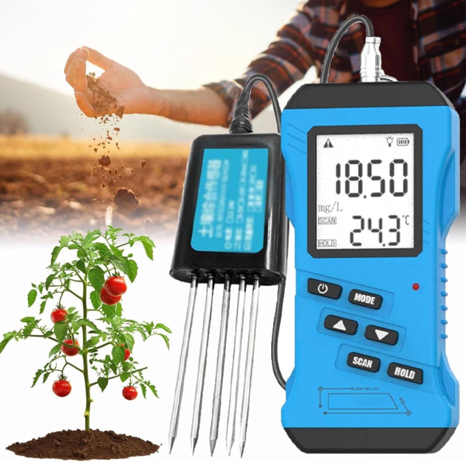 Cyfrowy tester gleby, czujnik temperatury wilgoci NPK PH 7 w 1 z podświetlanym wyświetlaczem LCD, niezbędny zestaw ogrodowy do trawnika, gospodarstwa, do pielęgnacji roślin wewnątrz i na zewnątrz