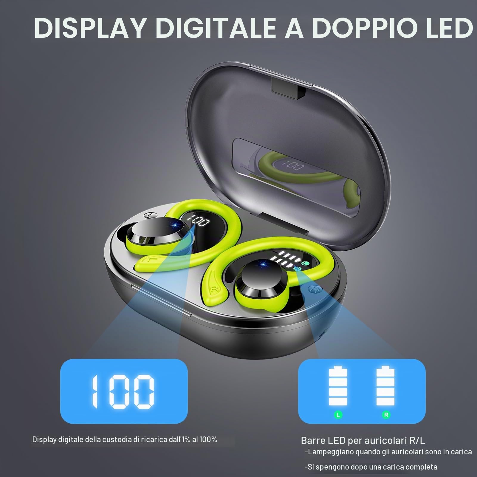 Rulefiss Cuffie Bluetooth Sport, Auricolari Bluetooth con 4 ENC Mics, 48 Ore Stereo Cuffie Wireless Antirumore, IP7 Impermeabili Cuffiette con Display LED, Cuffie Senza Filo per Running/Palestra