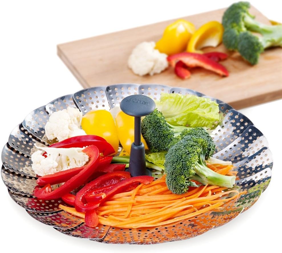 X-Chef Stainless Steel Vegetable Steamer Foldable Cooking Steamer Basket 7.2" Expands to 11"