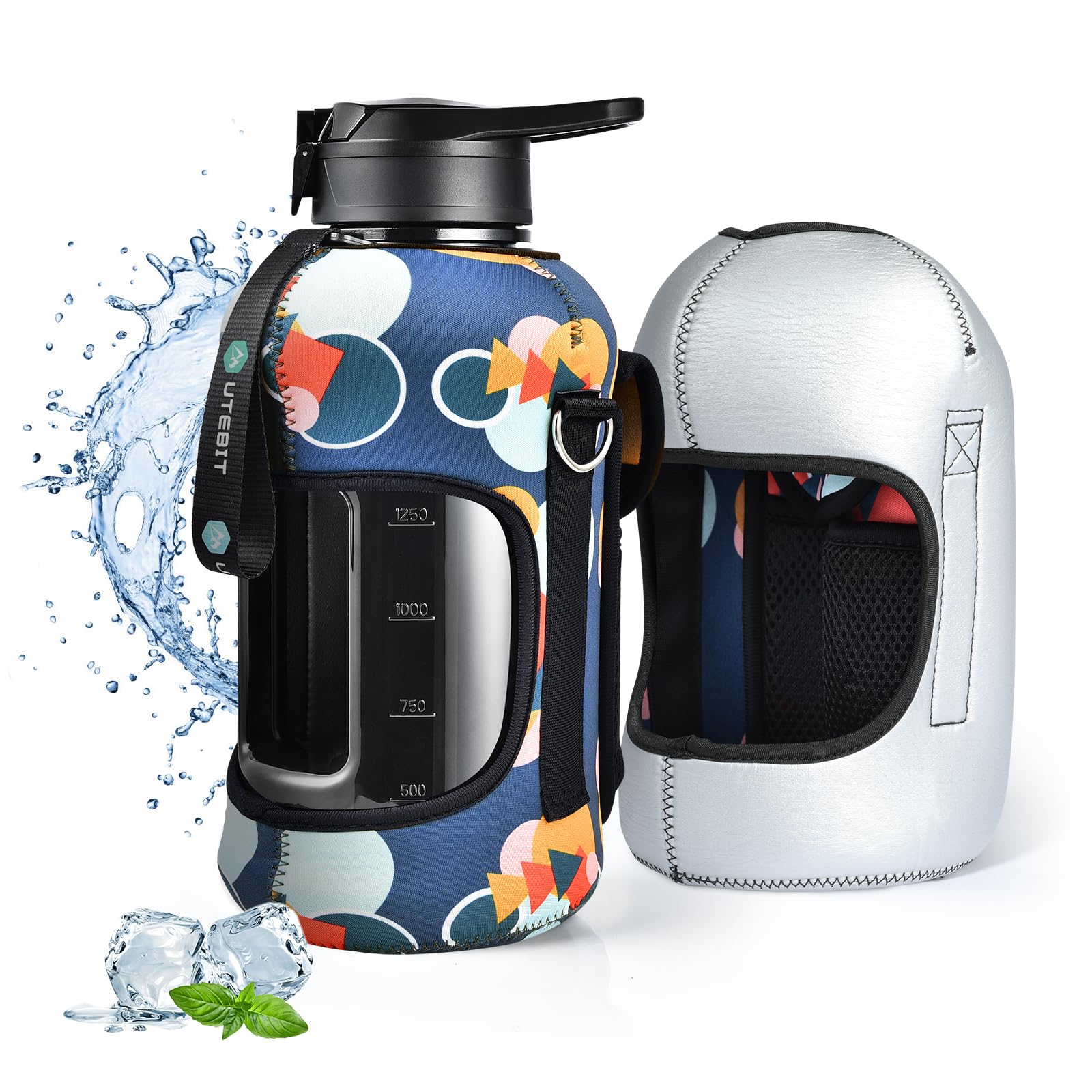 UTEBIT Water Bottle with Sleeve, 74 OZ Sport Water Jug with Strap, Half Gallon Water Bottles, BPA Free Large Gym Bottle Container for Men, Women
