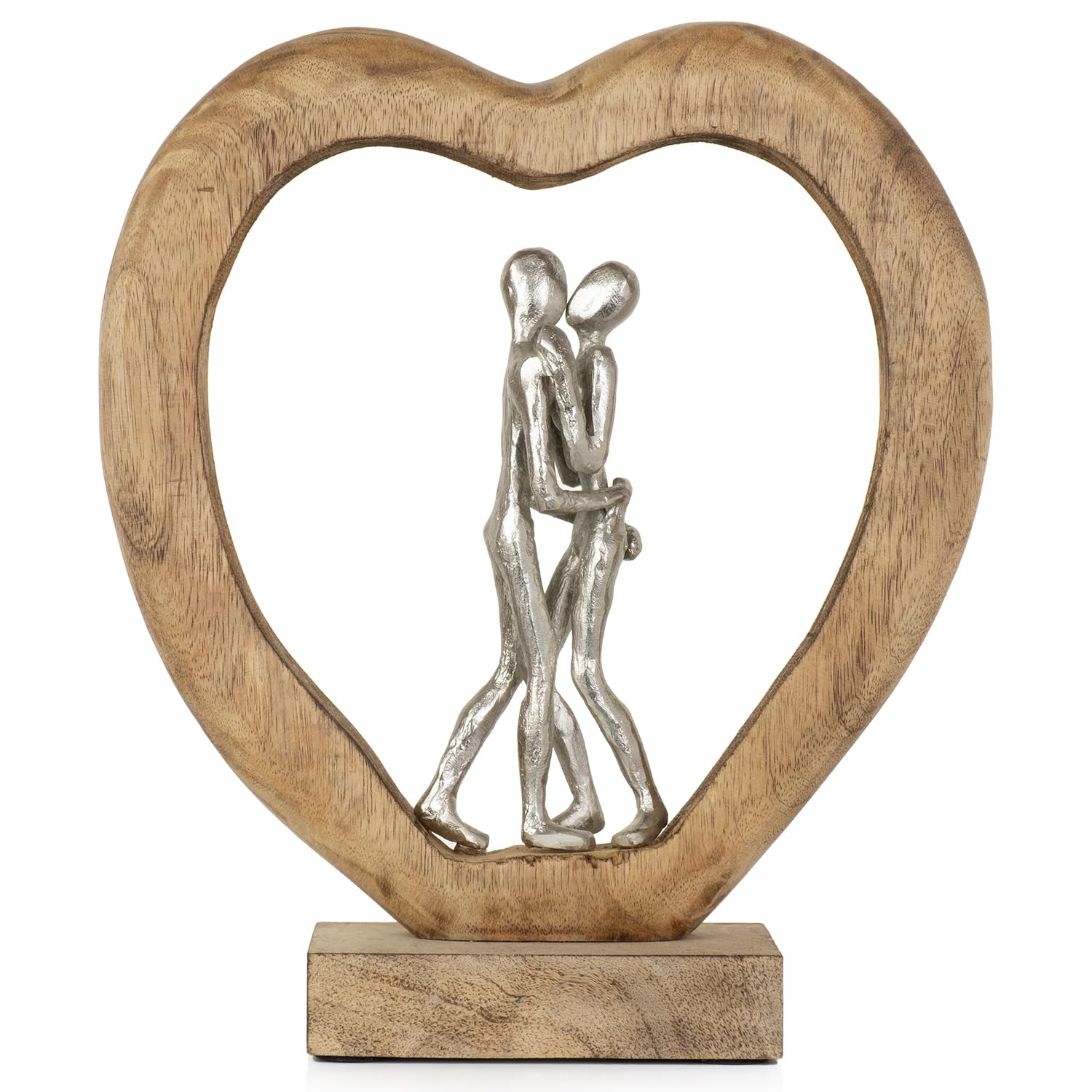Moritz The Path 35 cm Silber – Mangoholz Liebespaar Skulptur Herz Hochzeit | Aluminium-Paar auf Naturholz-Sockel, Handarbeit und Unikat, Geschenkidee zu Jahrestag oder Valentinstag, für Regal