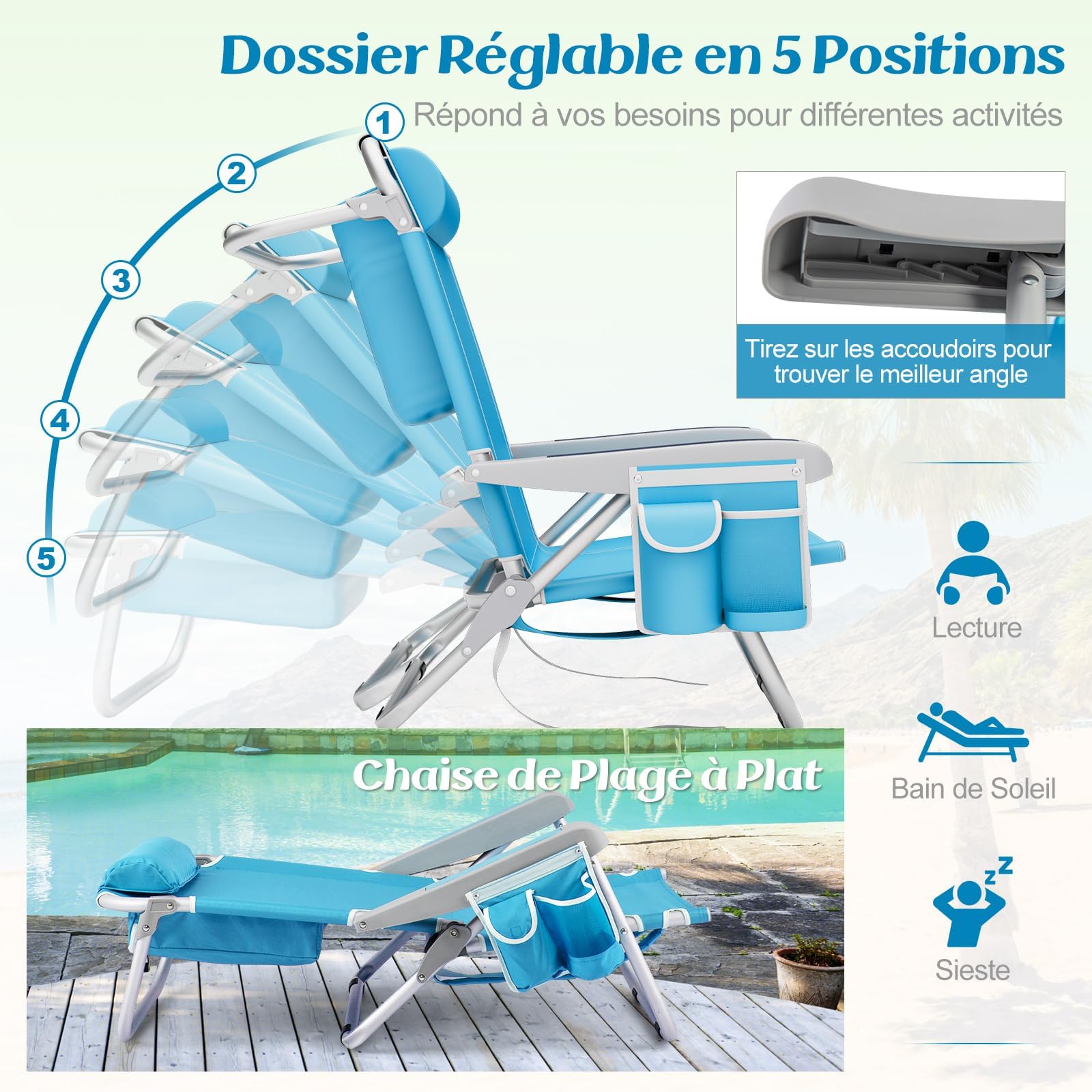 GOPLUS Chaise Plage Pliant pour Adulte, Camping Légère Portable en Alu., Dossier Réglable 5 Positions, Sangles Épaule,Sac Rangement, Porte-Serviettes,à Plat,Max.150KG (2, Bleu, 66 x 65 x 78 cm)