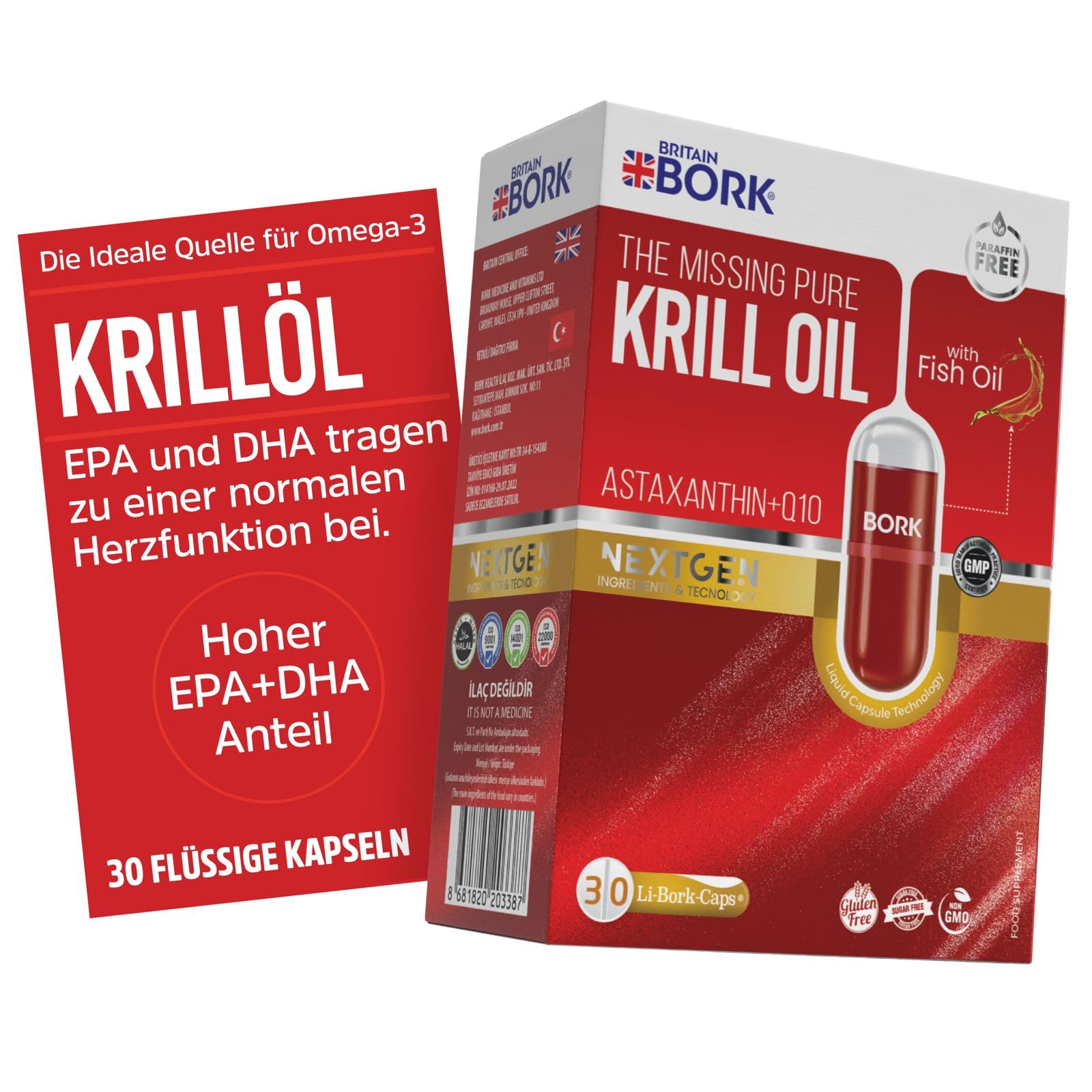 Britain Bork The Missing Pure Krill Oil mit Fischöl 2500mg, Astaxanthin und Q10, Hochdosiertes Omega 3 EPA DHA, Paraffinfrei, 30 Flüssigkapseln