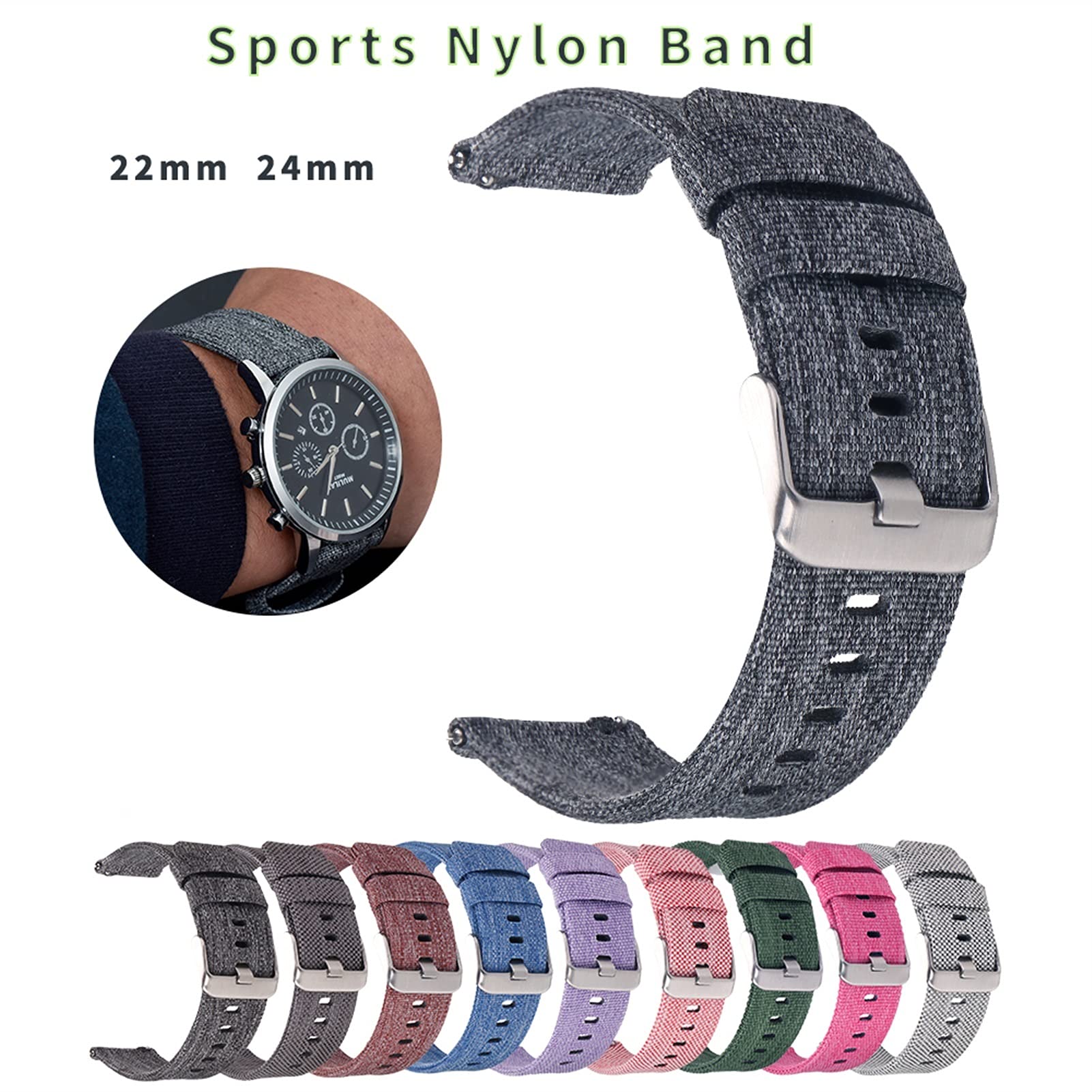 Nylon-Uhrenarmband, Schnellverschluss-Armband, 18 mm, 20 mm, 22 mm, 24 mm, atmungsaktives gewebtes Nylon-Uhrenarmband, leichtes Canvas-Uhrenarmband / 24 mm/Grün-S