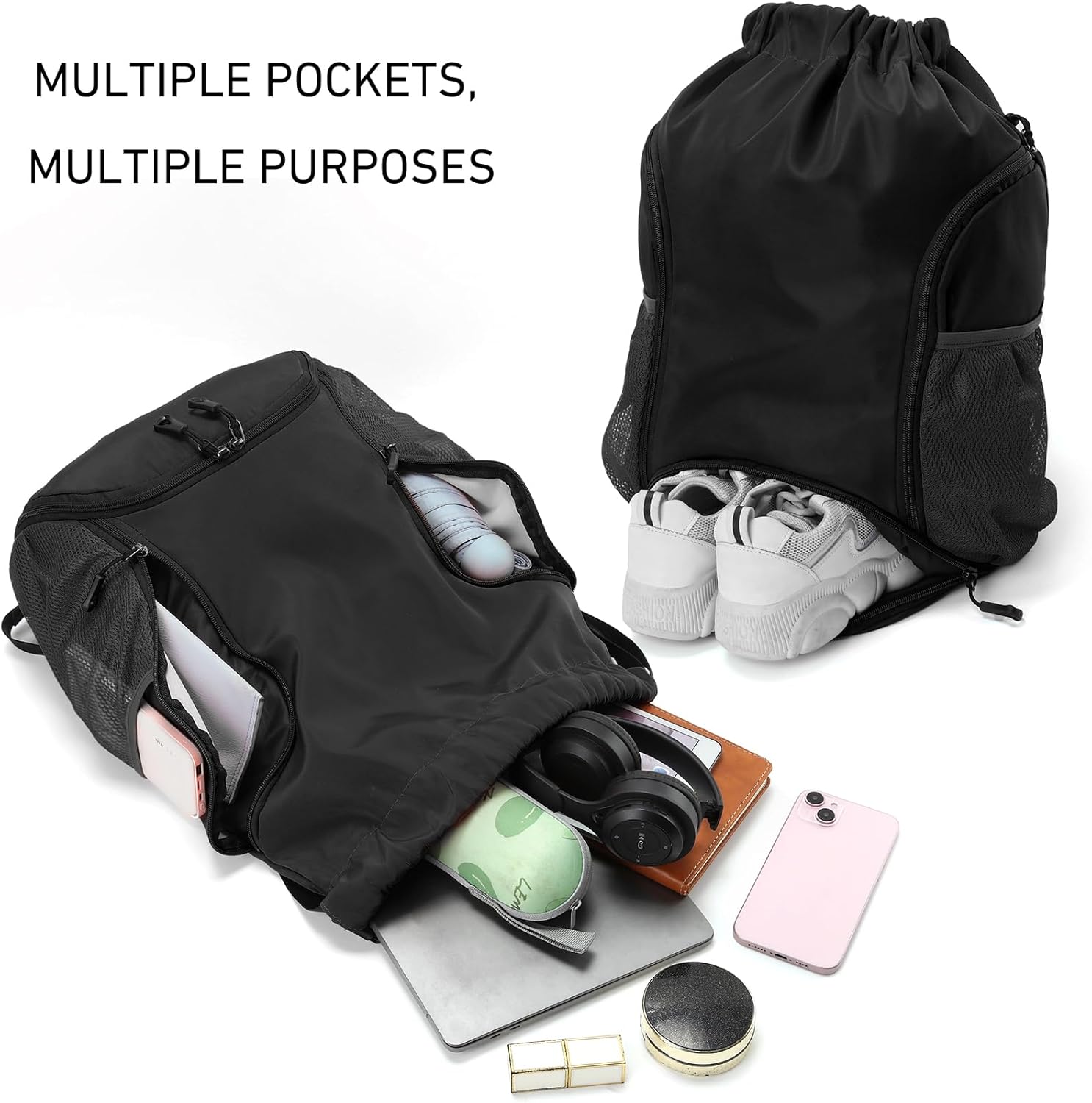Valleycomfy Sports Gym Bag Drawstring Backpack with Shoes Basketball Bag and Two Water Bottle Holder,Black - Image 5