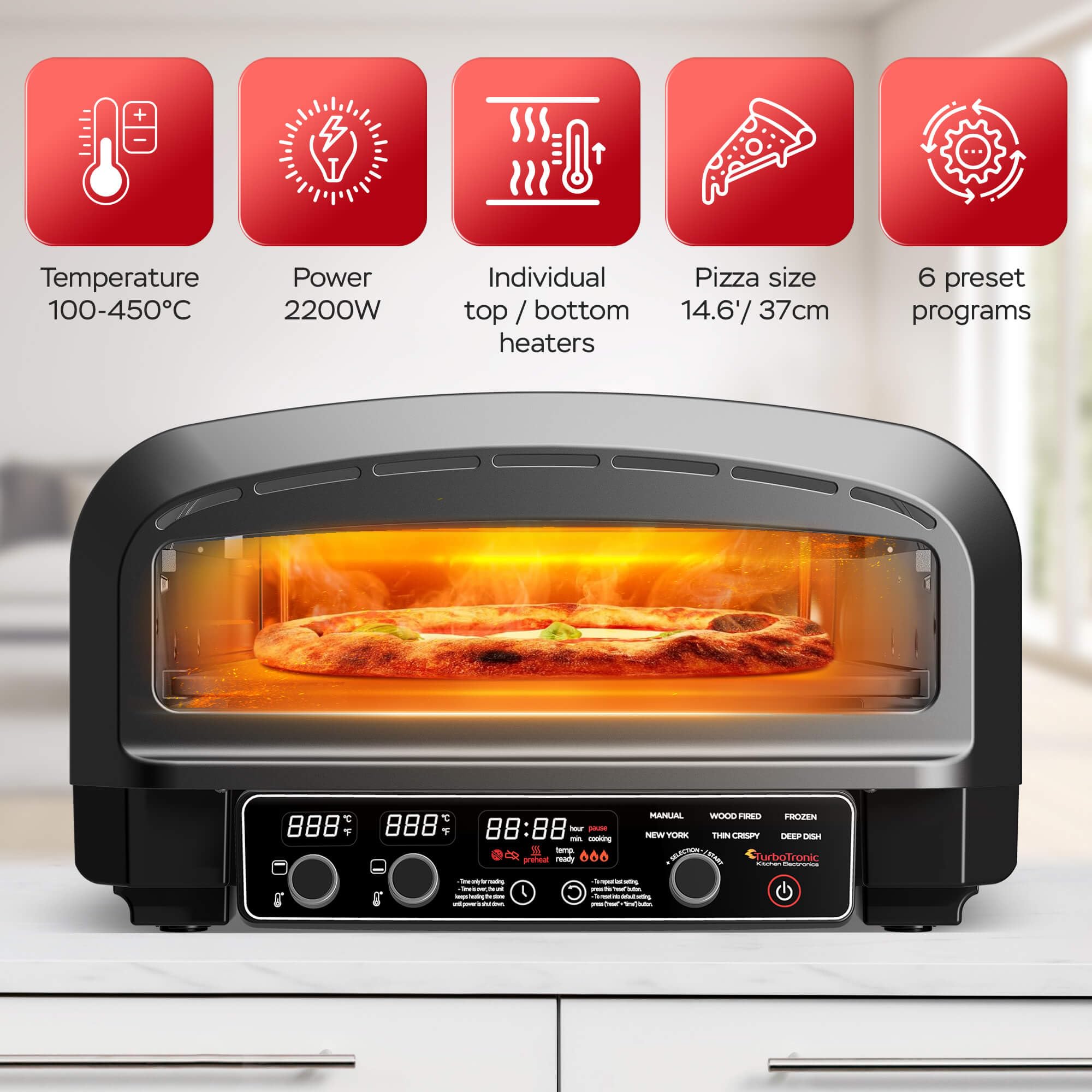 Elektrischer Pizzaofen bis 450°C für 37cm (14,6") große Pizza New York mit Pizzastein Indoor/Outdoor 2200W Garten für Zuhause kleine Back Ofen Tisch Flammkuchen mobiler inkl. Pizzaschieber