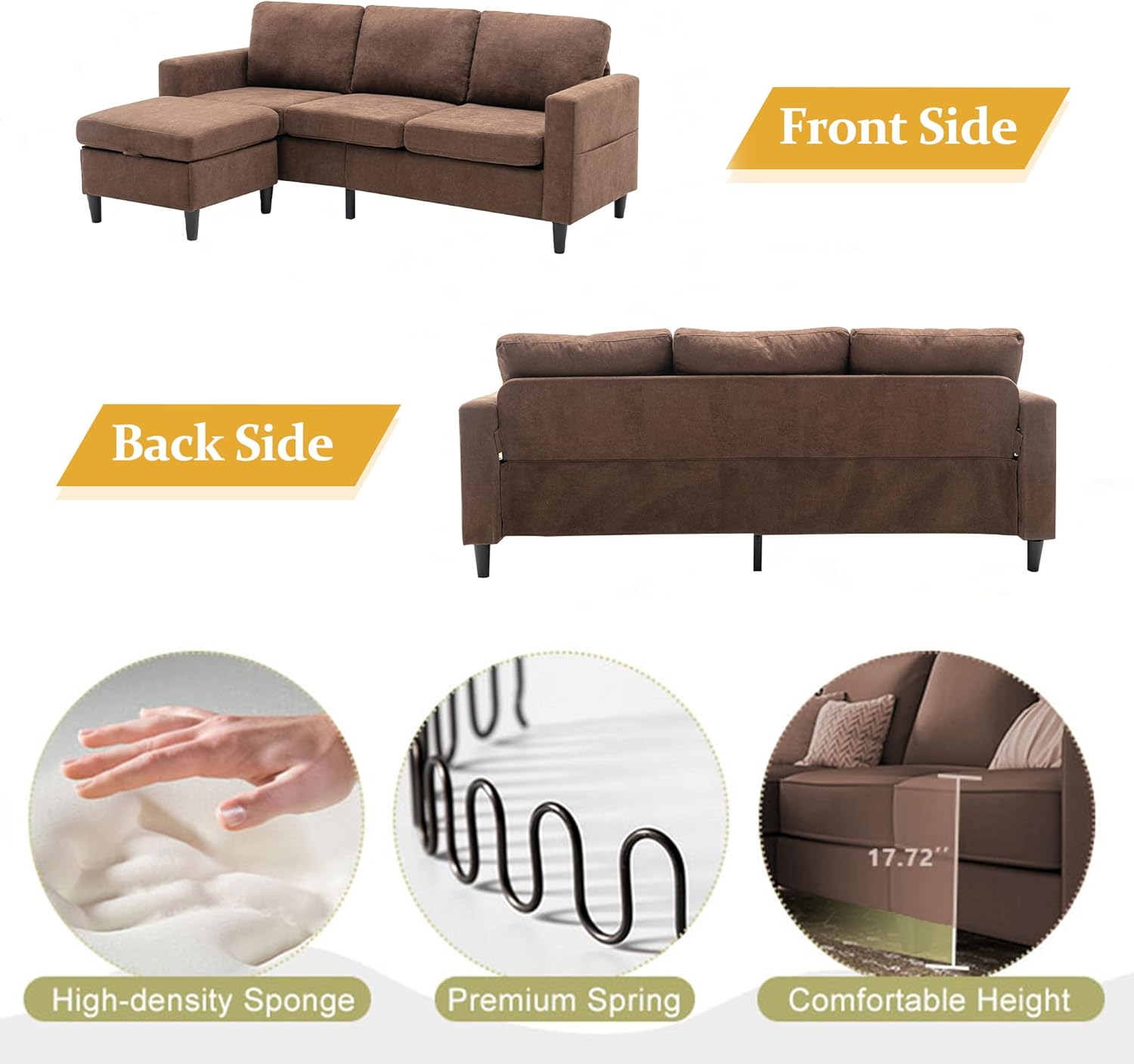 Merax Modern Linen Convertible Sectional Sofa with Storage Ottoman, Reversible L Shaped Couch for Living Room, Brown Love Seats, 3 : Home & Kitchen