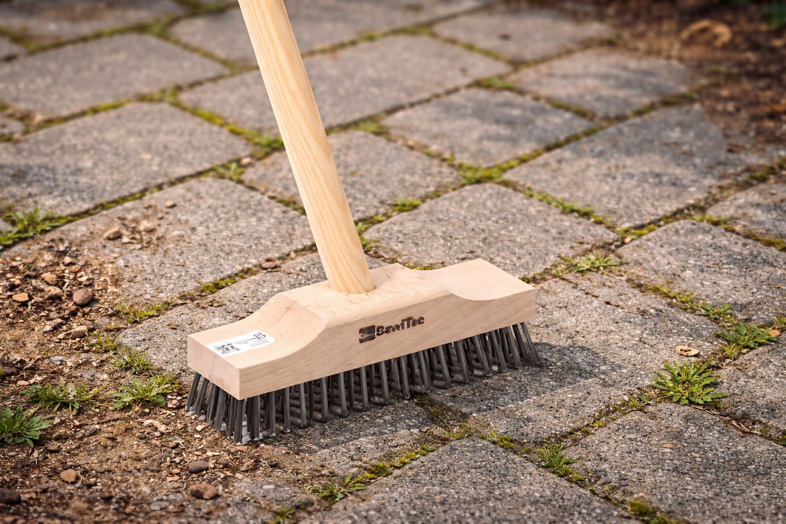 BawiTec Stahldrahtschrubber 22cm mit Holzstiel 140cm Drahtbesen Stahlschrubber Drahtborsten Kratzschrubber für Garten, Haus, Hof, Werkstatt, Gewerbe