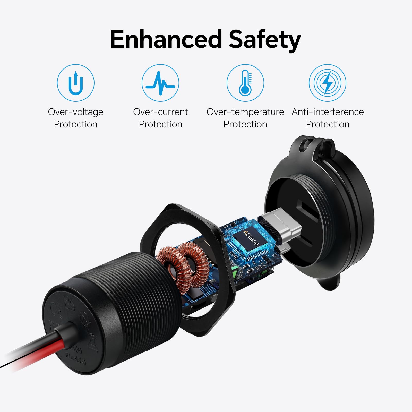 acegoo USB C Steckdose 12V Einbau Dose Buchse Aluminum Wasserdicht PD3.0 QC3.0, 12 Volt Ladegerät für KFZ Wohnmobil Auto LKW Wohnwagen Motorrad Boot, ohne LED 2 Stück