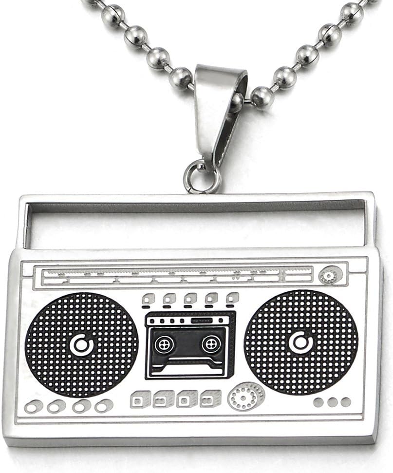 Men's Women's Stainless Steel Retro Boombox Pendant Necklace, Hip Hop Ghetto Blaster Jewelry, Vintage Music Lover Accessory, Urban Streetwear Style, Gift for Him